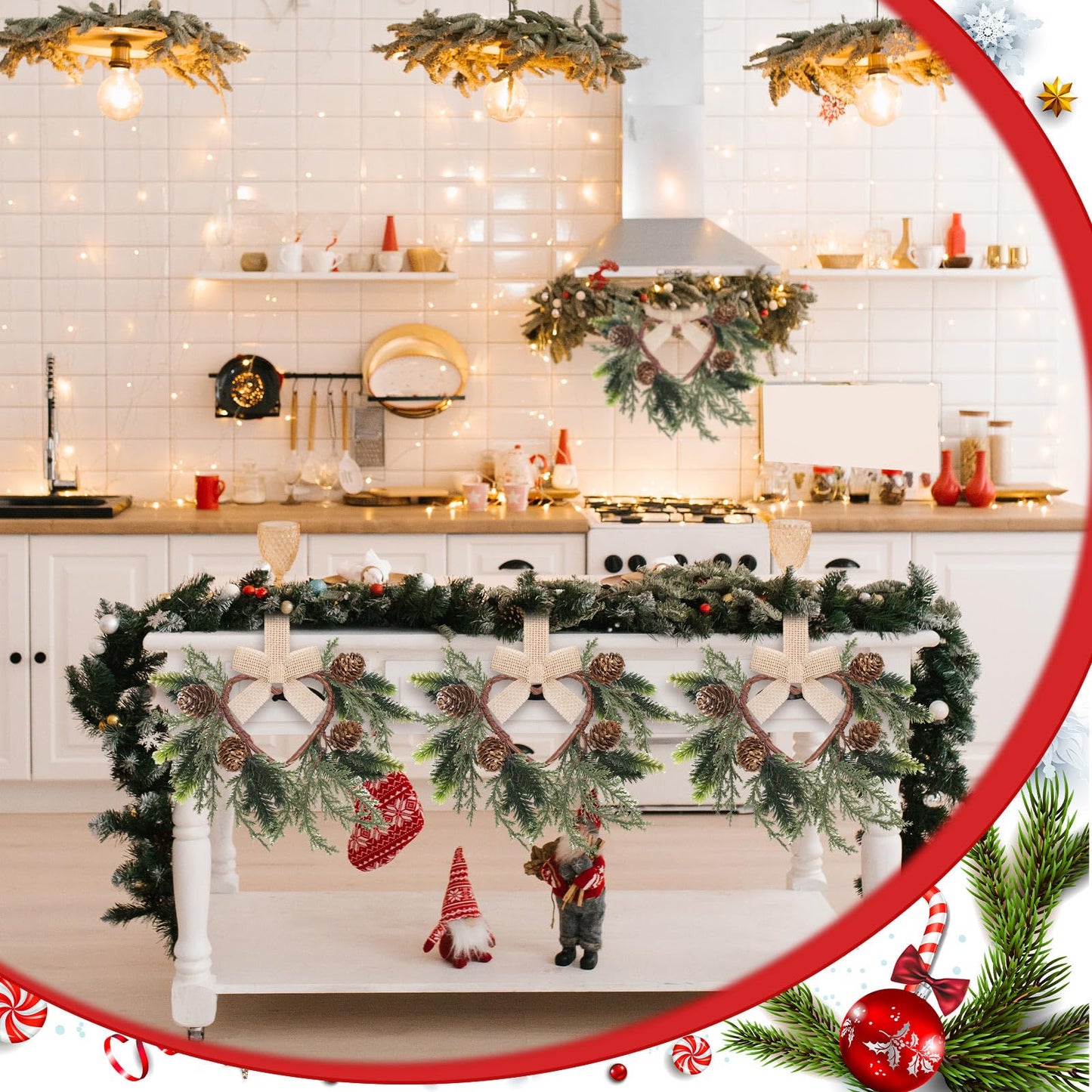 Dingion 6 Pcs 6" Christmas Mini Cabinet Cedar Wreaths for Kitchen with Ribbon Bows Artificial Cedar and Pine Cone Small Window Wreath for Window Door Farmhouse Christmas Party Decorations