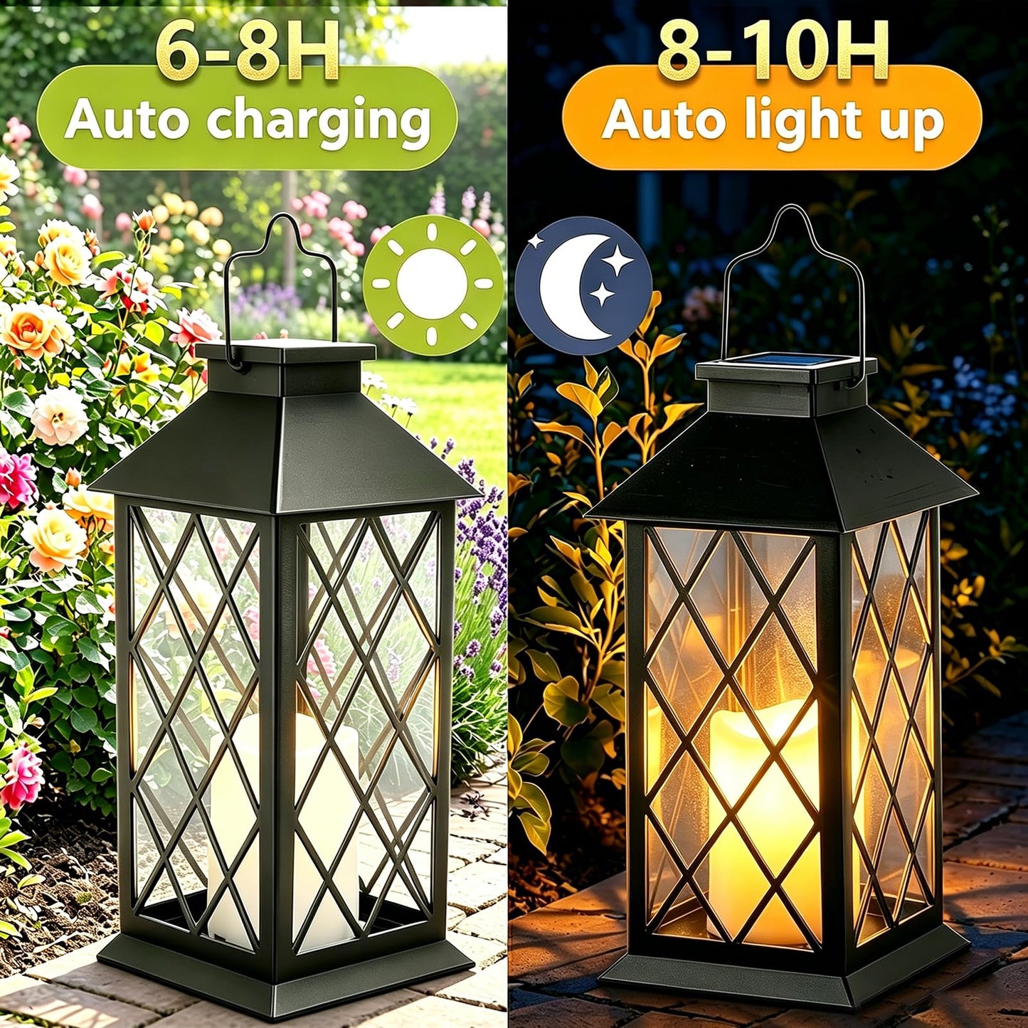 Yowin Solar Lanterns Outdoor Waterproof, 2 Pack Hanging Solar Lanterns with Flickering Candle, Tempered Glass Solar Lamp Outdoor for Garden Wall Table Patio Yard Fence, Housewarming Gift - Black