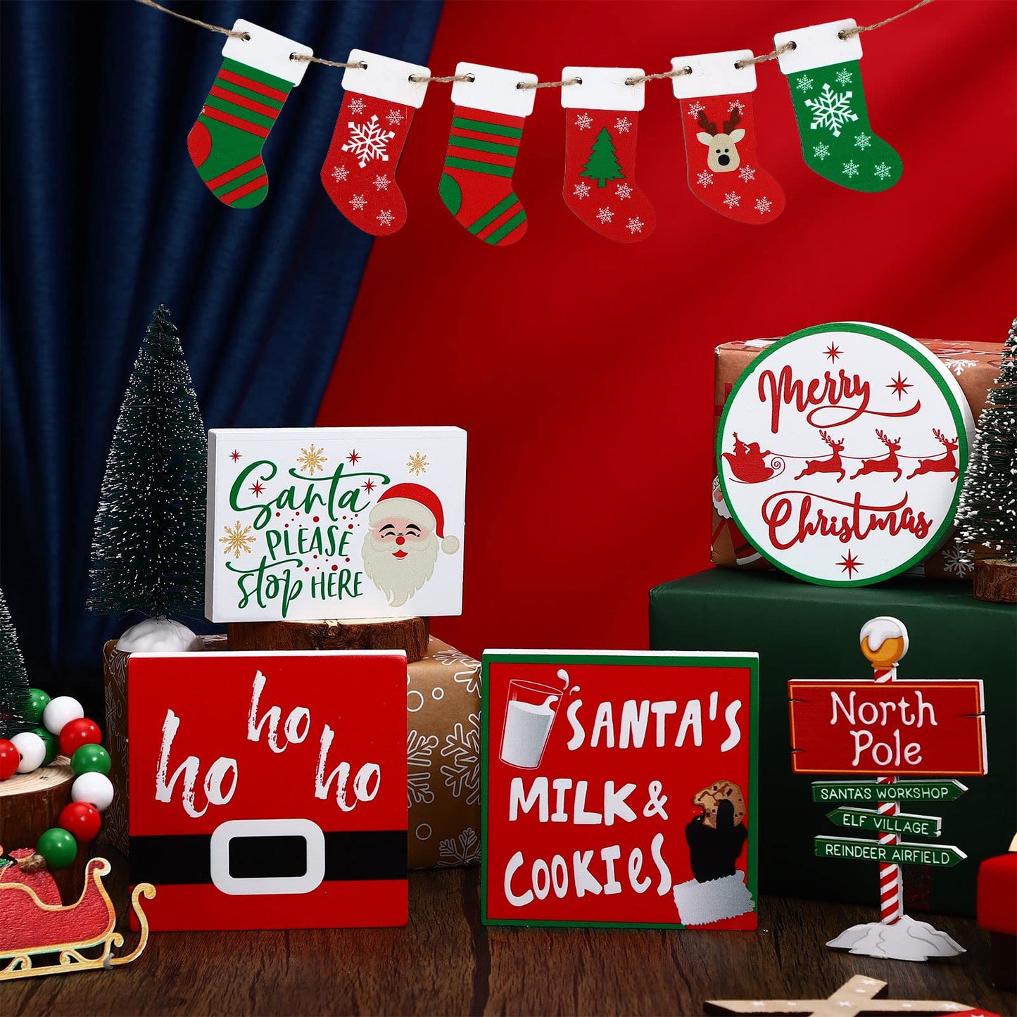Bucherry 12 Pieces Christmas Santa Claus Tiered Tray Decor Red White Winter Farmhouse Christmas Wooden Signs Decoration for Home Room Table Fireplace