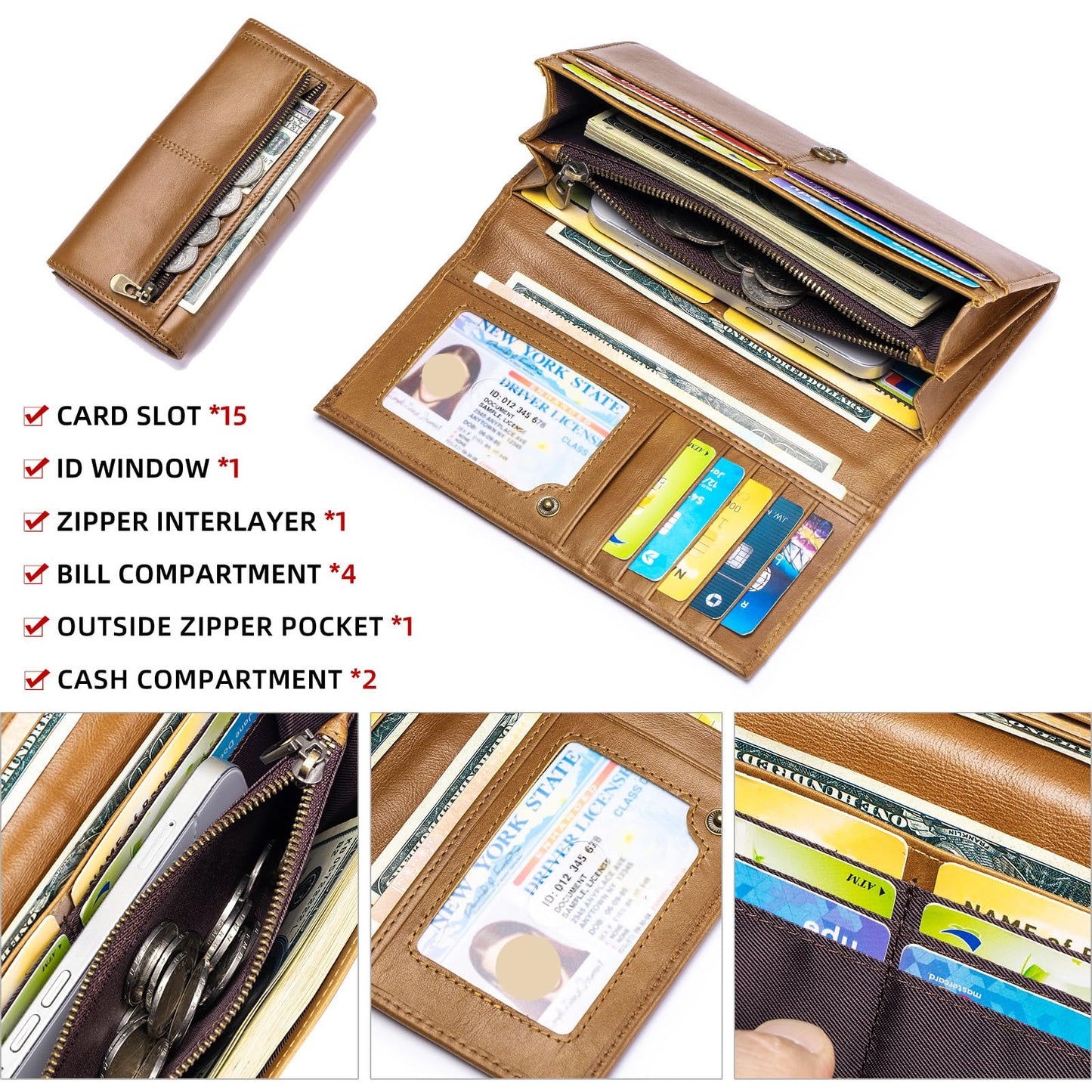 SCHLATUM Wallets for Women RFID Blocking Long Ladies Wallet Bifold Womens Leather Wallet with Coin Pocket ID Window, Brown