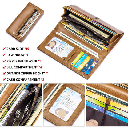 SCHLATUM Wallets for Women RFID Blocking Long Ladies Wallet Bifold Womens Leather Wallet with Coin Pocket ID Window, Brown
