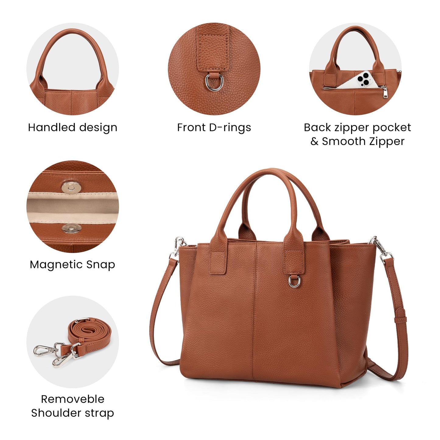 befen Genuine Leather Satchel Purse for Women, Ladies Crossbody Shoulder Bags Top Handle Tote Bag for Travel, Work, Office - Brown
