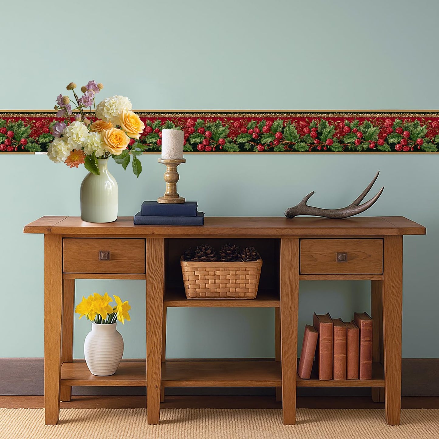 IOHEFY Christmas Red Berry Wallpaper Border 196x4 Inch Peel and Stick Wall Border Self Adhesive Holiday Green Leaf Removable Vinyl Trim for Living Room Bedroom Bathroom Kitchen Cabinet Decoration