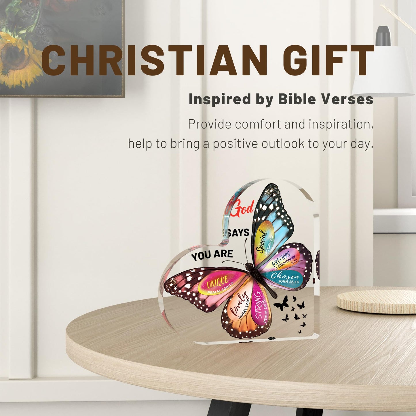Christian Gifts for Women Birthday, Butterfly Inspirational Gifts for Women Friends, Mom, Sister, Coworker, Catholic Female, Religious Spiritual Gift, Home Office Desk Decor Sign