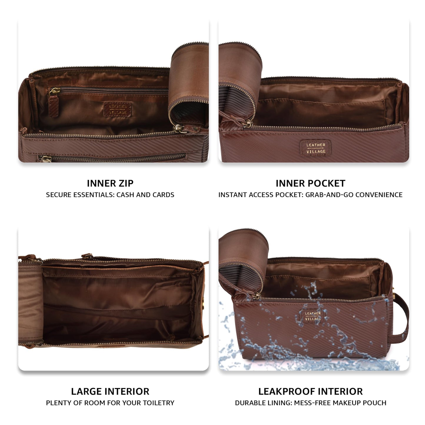 LEATHER VILLAGE Genuine Carbon Fiber Genuine Leather Travel Toiletry Bag - Large Dopp Kit, Water-Resistance Bathroom & Shaving Organizer for Men & Women - Brown