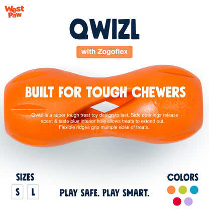 West Paw Zogoflex Qwizl Interactive Treat Dispensing Dog Puzzle Treat Toy for Dogs, 100% Guaranteed Tough, It Floats!, Made in USA, Large, Tangerine