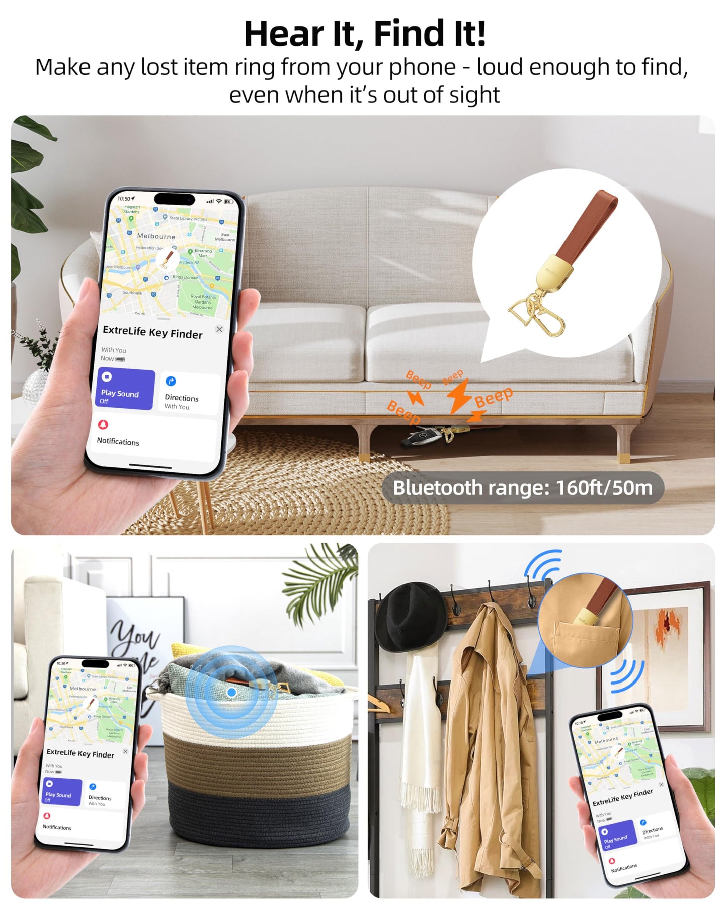 Keychain, Works with Apple Find My, Leather Car Keychain for Women and Men, Car Key Fob Holder, Key Chain with GPS Tracker, Anti-Lost Smart Keys Finder, Rechargeable, Brown