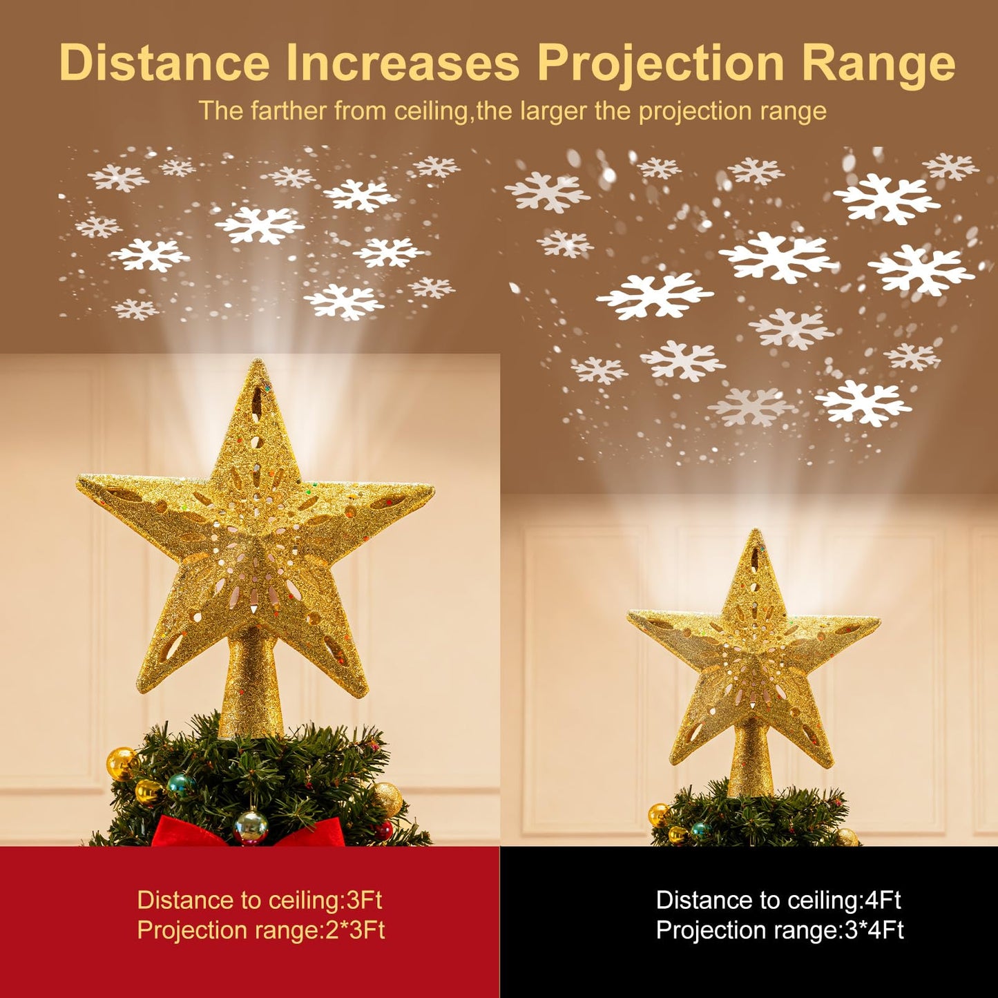 Christmas Tree Topper Lighted with Golden Snowflake Projector, 3D Holographic Rotating LED Magic Light, Christmas Tree Star Topper for Christmas Tree Decorations
