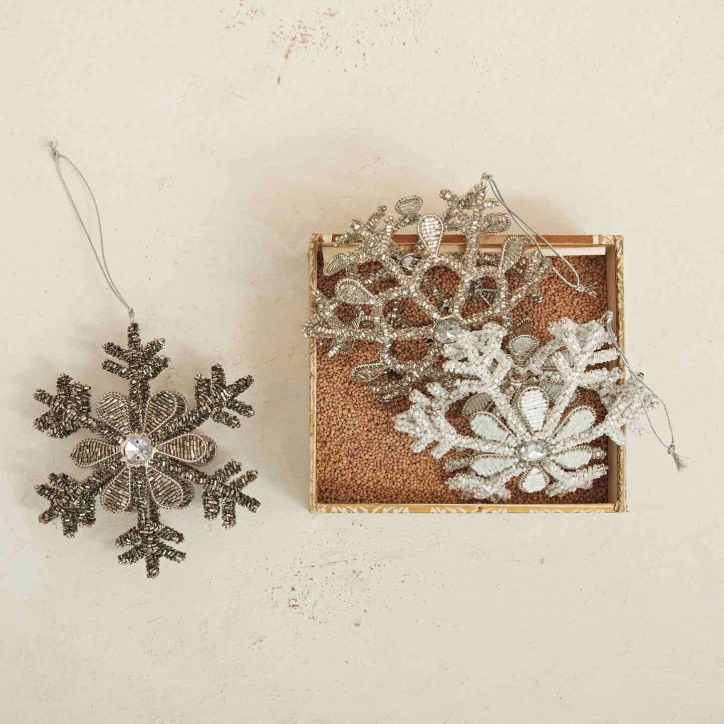 Creative Co-Op Metal and Glass Beaded Snowflake Ornament, White and Silver Finish