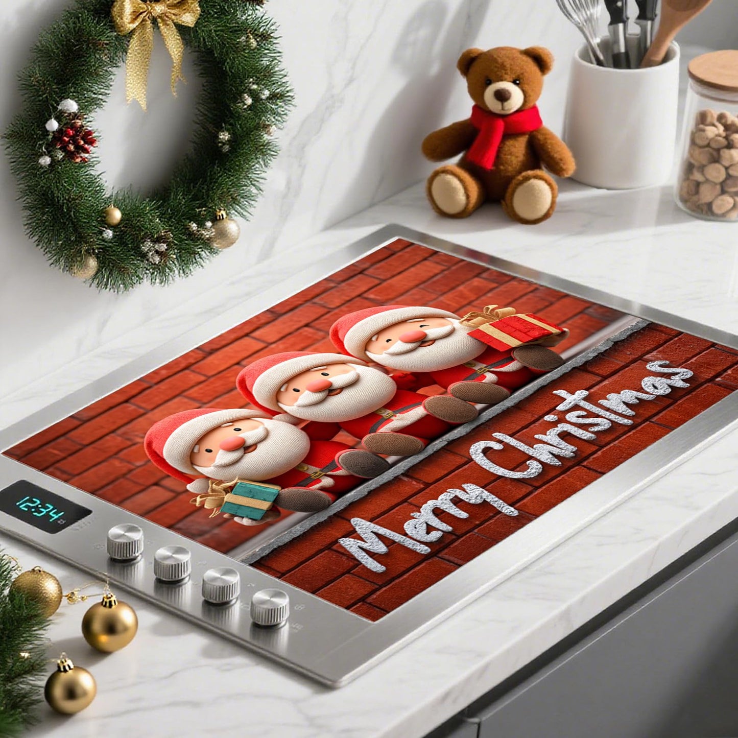 Nuxovilar Christmas Stove Top Cover 28.35×20.47inch, Santa Trio Stove Cover, Polyester & Diatom Mud Blend, Fun Pattern Festive Decor