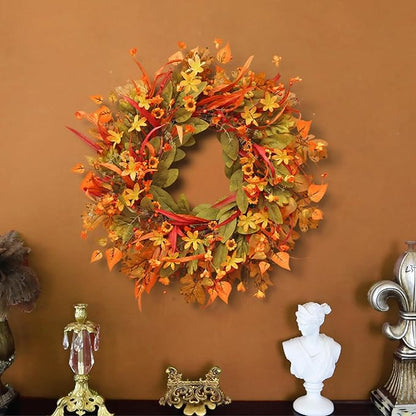 Fall Wreath for Front Door, 24 Inch Autumn Wreath with Berries,Lemon Leaves, Oak Leaves, and Maple Leaves Fall Decorations for Home, Artificial Flowers Harvest and Thanksgiving Indoor & Outdoor