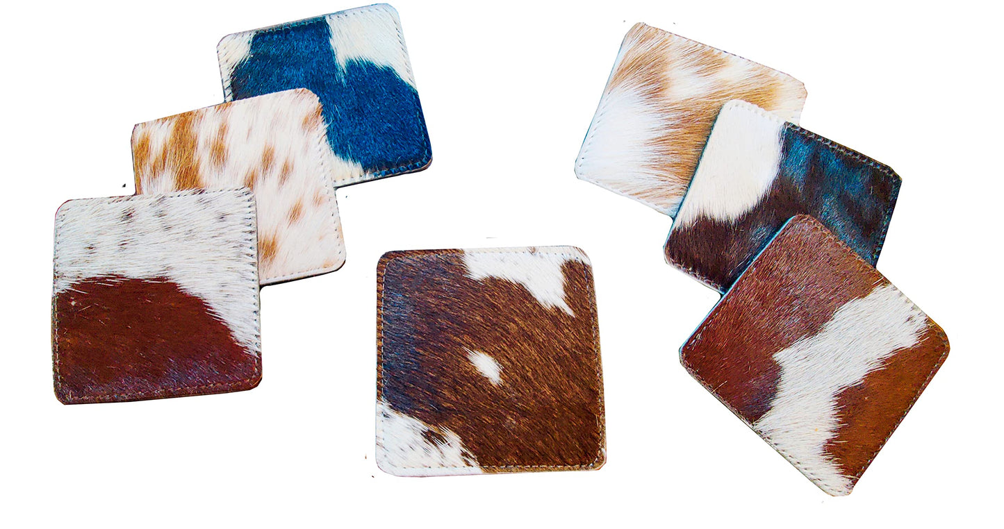 NGF Cowhide Coaster Set of 6 pcs Natural Cowhide Drink Coasters Hair On Square Coasters Leather Tea Cup Coasters Home Decor & Home Living Ideas Multicolor 4 x 4 x 0.5 inches