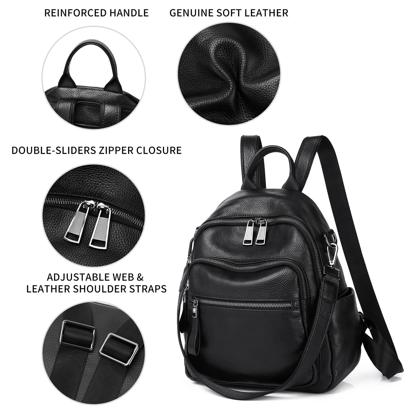 Wesccimo Genuine Leather Backpack Purse For Women Black Real Soft Leather Fashion Designer Convertible Ladies Shoulder Bag