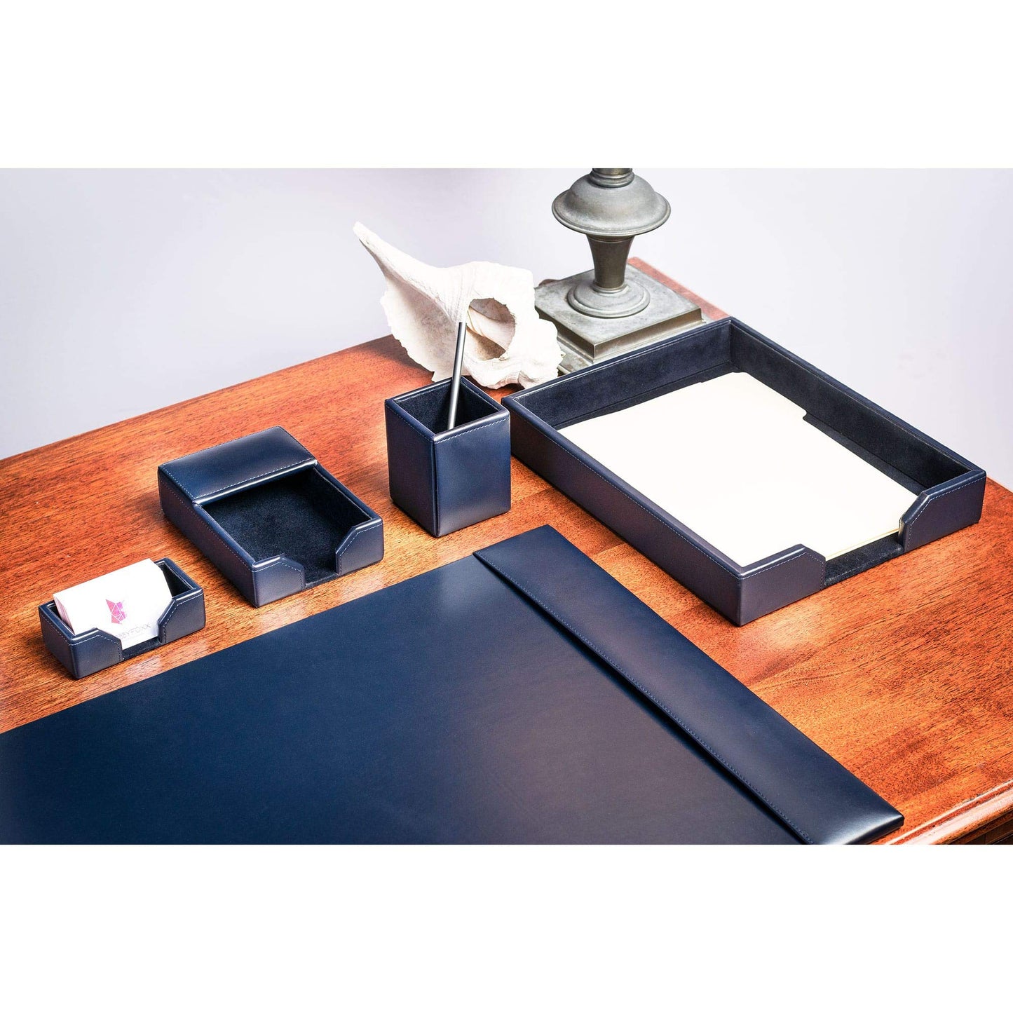 DACASSO Bonded Leather Desk Set - Luxury Leather Desk Pad & Desk Organization Essentials (Navy Blue, 5 Piece)