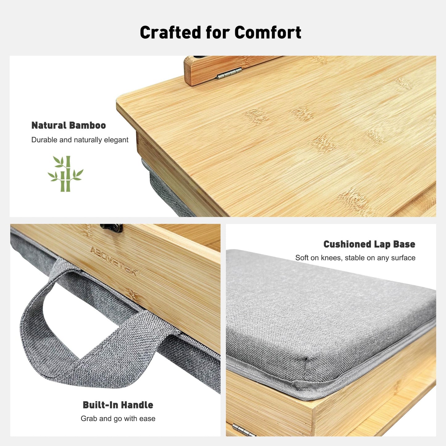 AboveTEK Book Stand for Reading with Storage, Adjustable Bamboo Book Holder with Soft Lap Cushion, Cookbook Stand, Hands-Free Book Reading Stand for Bed, Desktop & Kitchen Counter