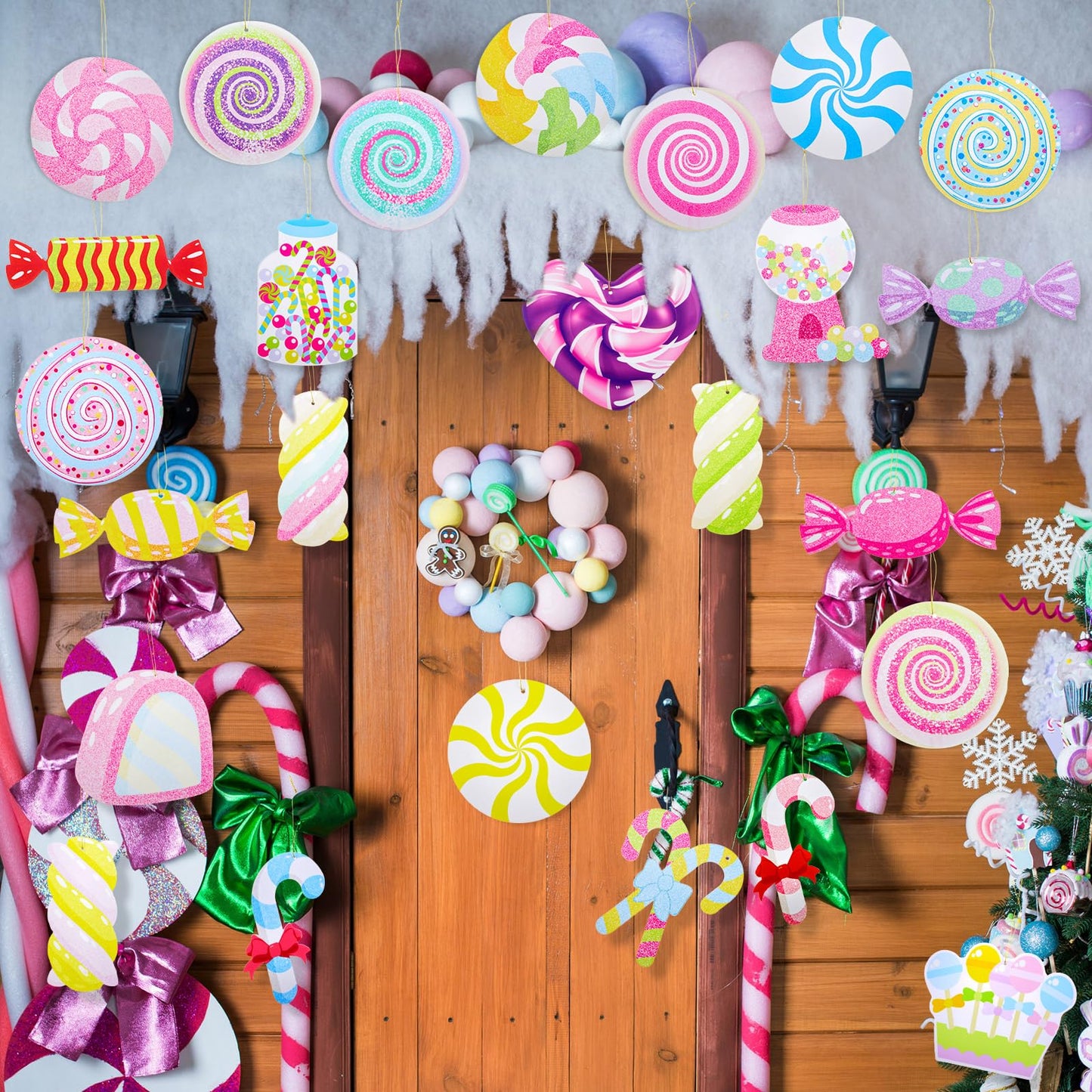 Chunful 25 Pcs Large Pastel Christmas Candy Cane Ornaments Christmas Tree Hanging Decorations Double-Sided Candy Peppermint Lollipop Marshmallow Ornaments for Tree Home Indoor Porch Wall Ceiling