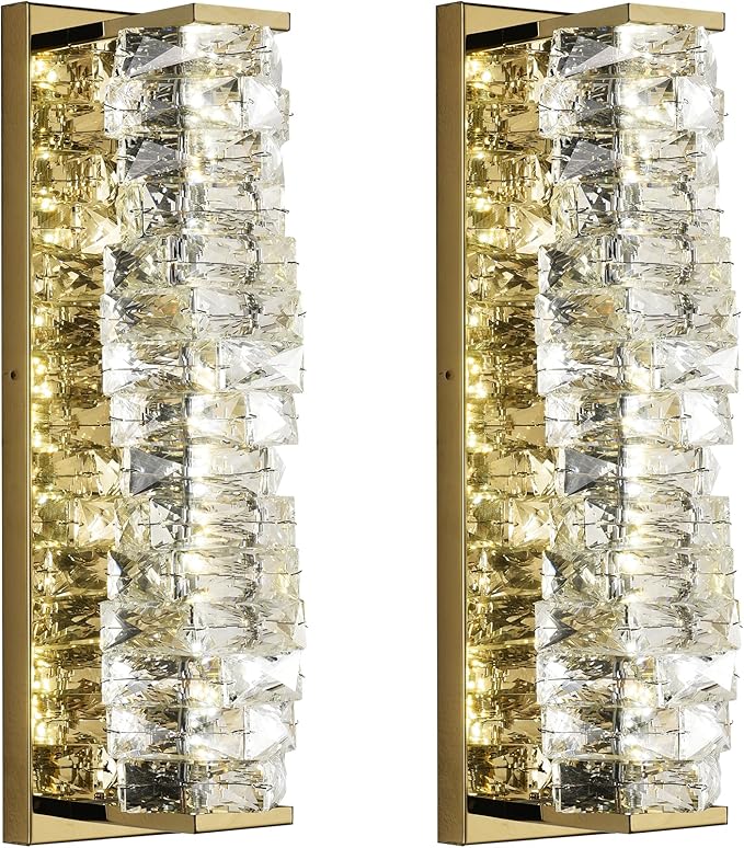 Crystal Wall Sconces Set of 2 Gold Crystal Wall Lighting with LED ‎Adjustable Color Temperature Modern Wall Lights Indoor Beautiful Glass Wall Light for Bedroom Living Room Hallway