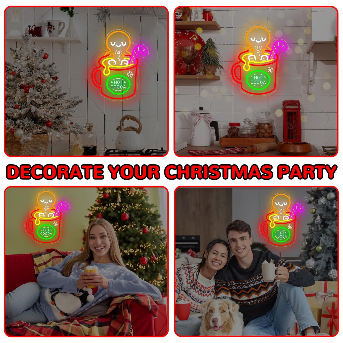 hhuohuona Christmas Gingerbread Man Neon Sign Dimmable Hot Cocoa Christmas Led Sign Gingerbread Hot Cocoa Mug Candy Cane Neon Lights Xmas Holiday Led Wall Decor Gift