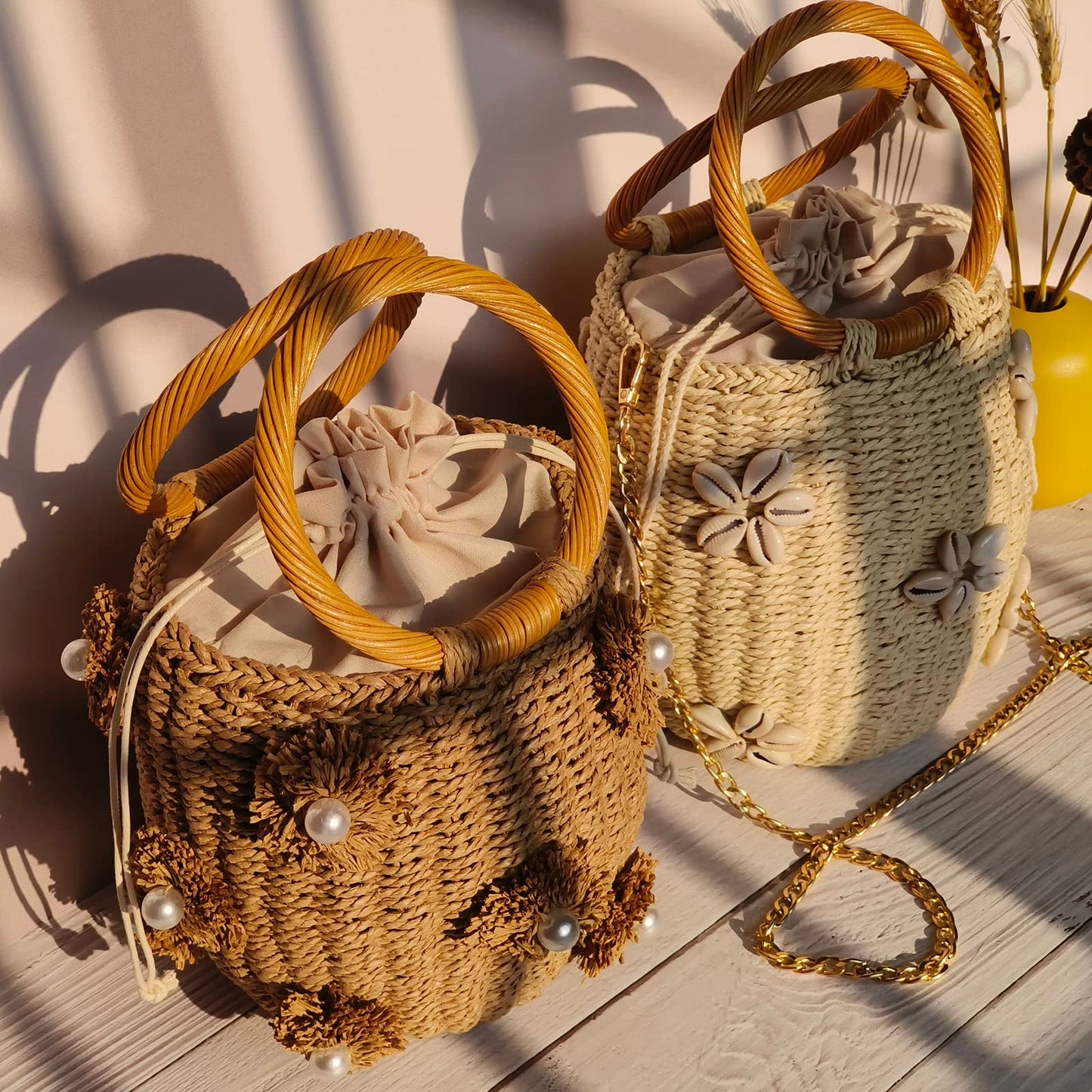 NIBD Flower Pearls Rattan Tote Bag Summer Beach Drawstring Straw Bucket Bag Diamonds Woven Handbag (A Flower)