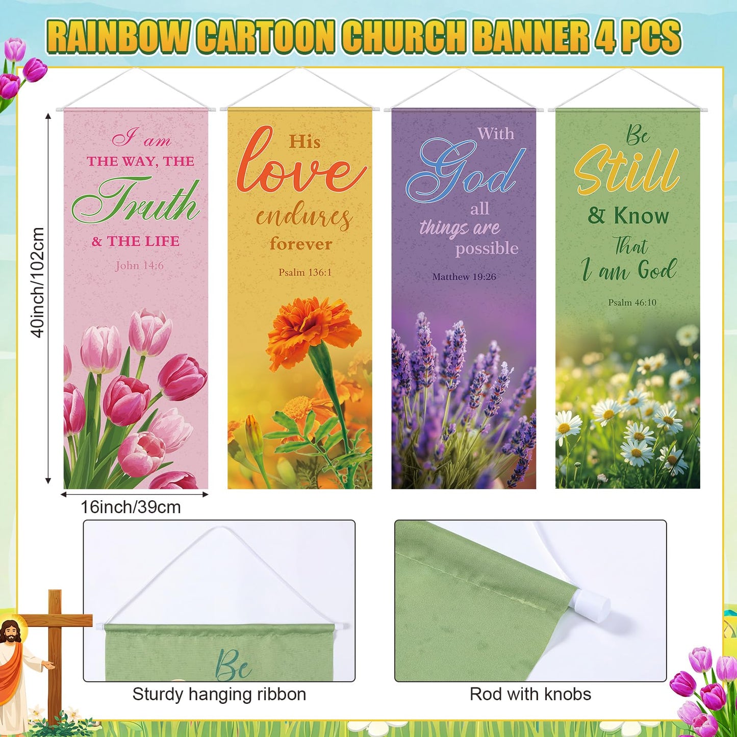 Panelee 4 Pcs Church Banners for Sanctuary Wall Blooming Flower Church Banners with Scripture Inspirational Religious Praise Bible Verses Hanging Backdrop Signs for Sunday School Worship Decoration