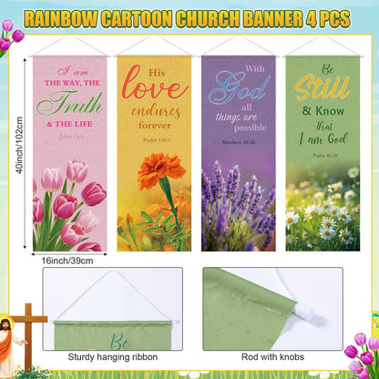 Panelee 4 Pcs Church Banners for Sanctuary Wall Blooming Flower Church Banners with Scripture Inspirational Religious Praise Bible Verses Hanging Backdrop Signs for Sunday School Worship Decoration