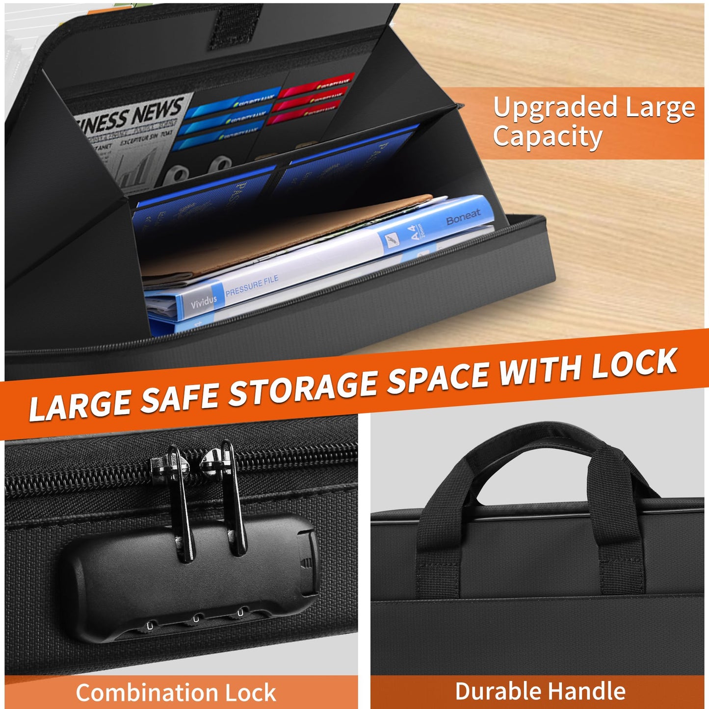 Noiposi Accordion Fille Organizer with Lock,Waterproof and Fireproof Document Folder with 13 Pocket,Fireproof Safe Document File Folder for Important Document,File Money and Passport