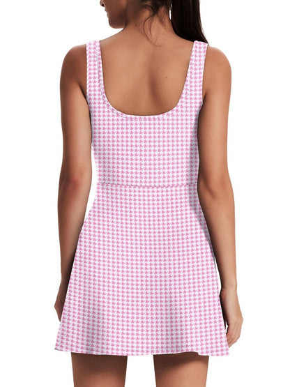 OFEEFAN Womens Athletic Dress Tennis Golf Bodycon Workout Active Skort Summer Clothes Casual Graduation Concert Date Spring Outfits Pink Houndstooth XL