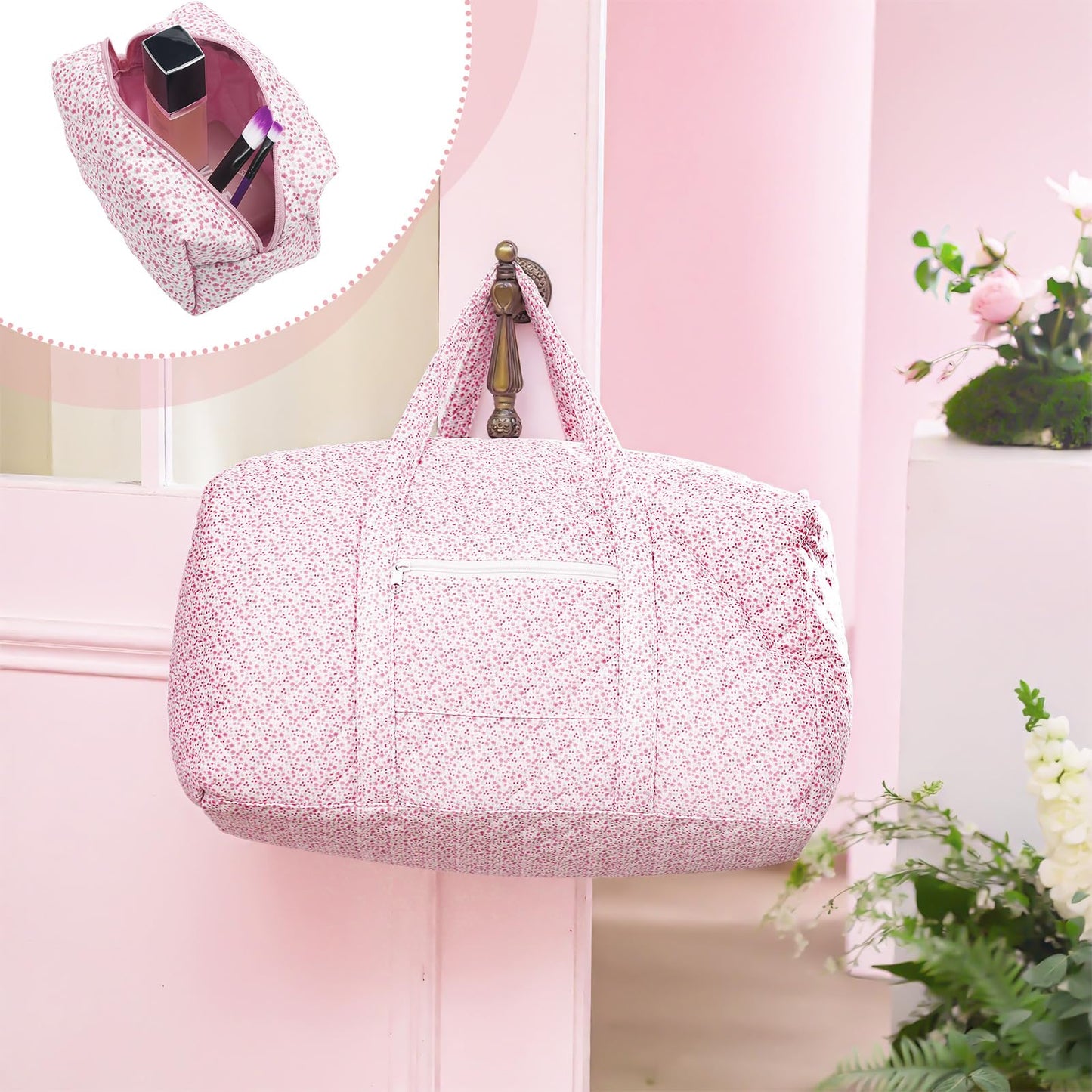 Bulyoou 2 Pack Floral Travel Duffel Bag Large Quilted Travel Duffle Bag and Floral Makeup Pouch Portable Gym Lightweight Weekender Organizer with Zipper Pockets Grocery Pouch for Women(Pink)