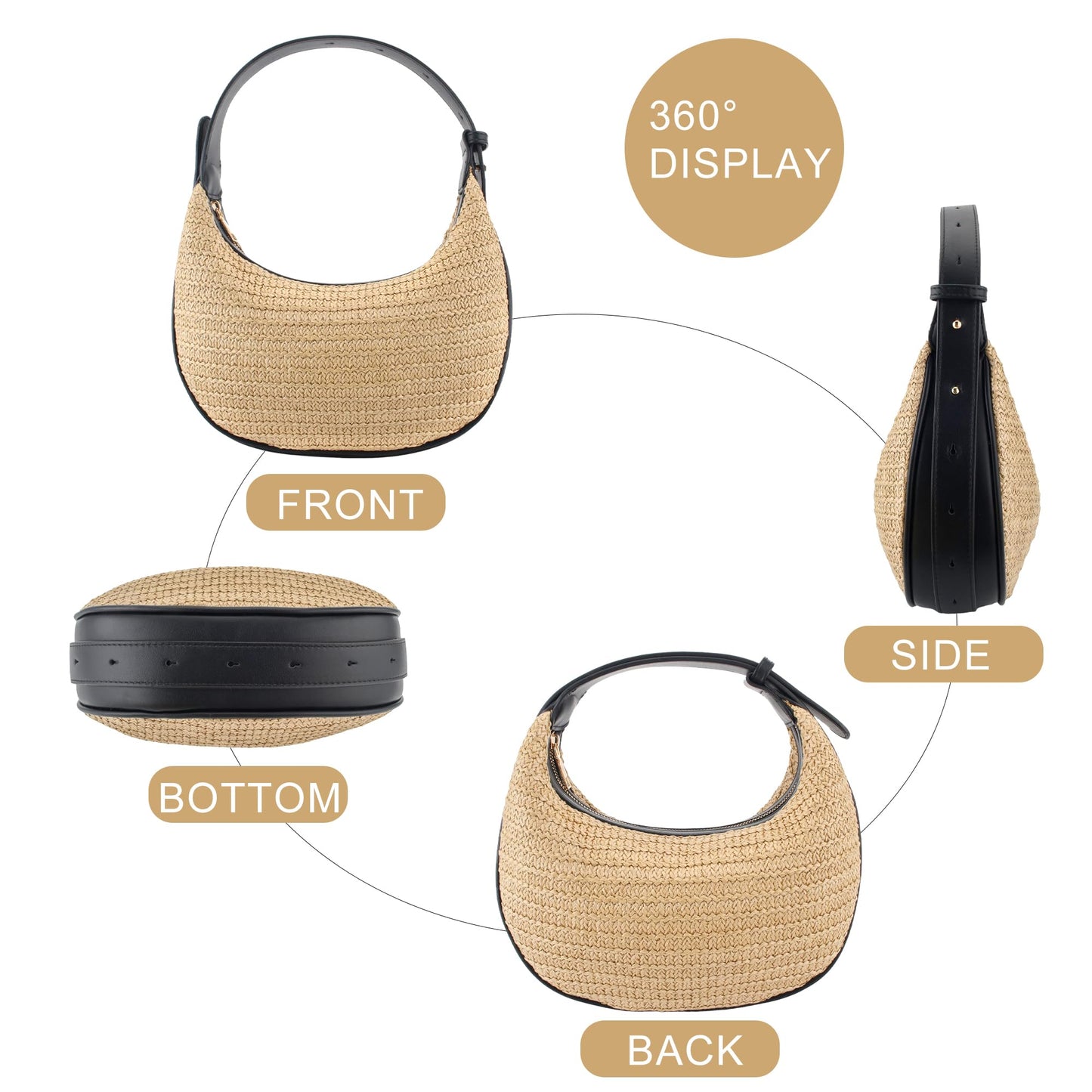 jessie Straw Shoulder Bag for Women Small Hobo Handbag Woven Crossbody Bag with Adjustable Strap Cute Clutch Purse