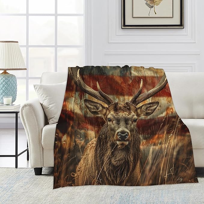 Blanket Vintage Deer Lightweight Soft Throw Blanket for Girls Teens Women, American Flag Fuzzy Blanket Home Room Decor 50x60 Inches