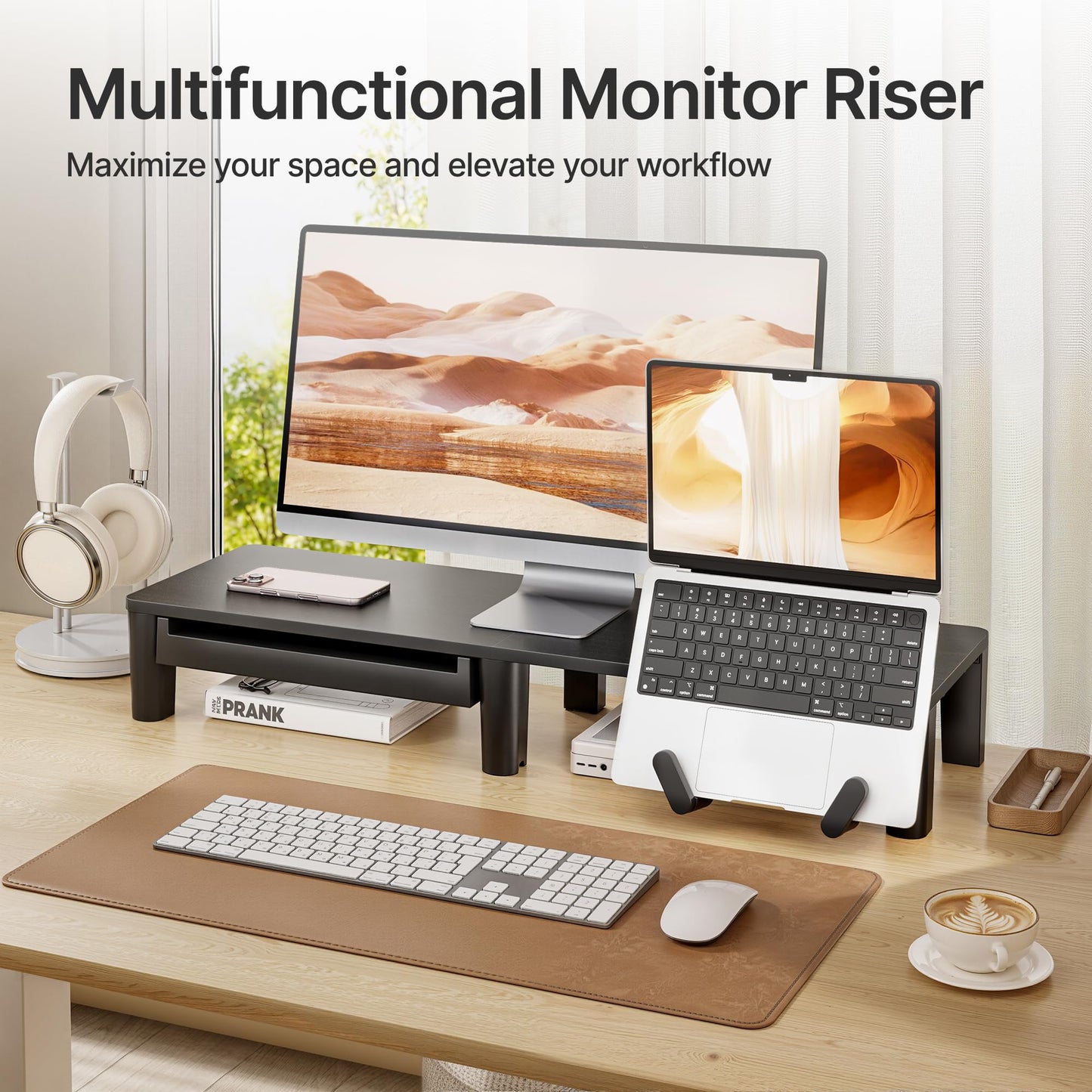 PEGZONE Monitor Stand Riser for Desk, Ergonomic Computer Riser with Storage Drawer, Desktop Shelf Organizer for PC, Laptop, Desk Computer Riser For Home Office