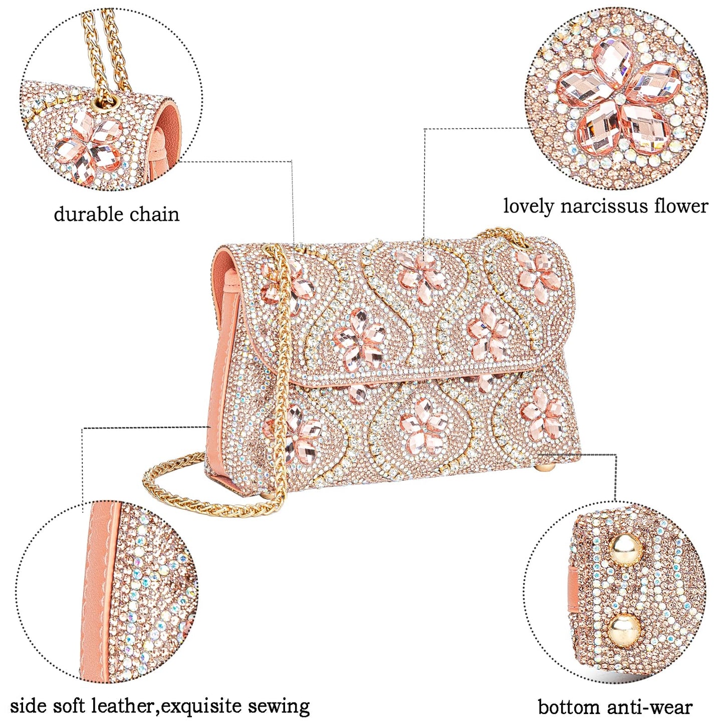 BBTT.ful Flower Evening Handbags Chain Strap Square Shoulder Bag Crossbody Bag Crystals Rhinestone Clutch Purse (pink champagne)