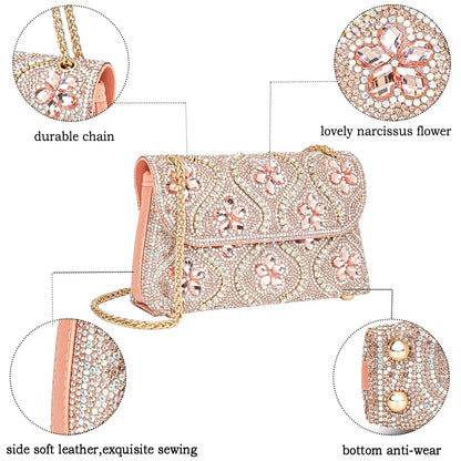 BBTT.ful Flower Evening Handbags Chain Strap Square Shoulder Bag Crossbody Bag Crystals Rhinestone Clutch Purse (pink champagne)