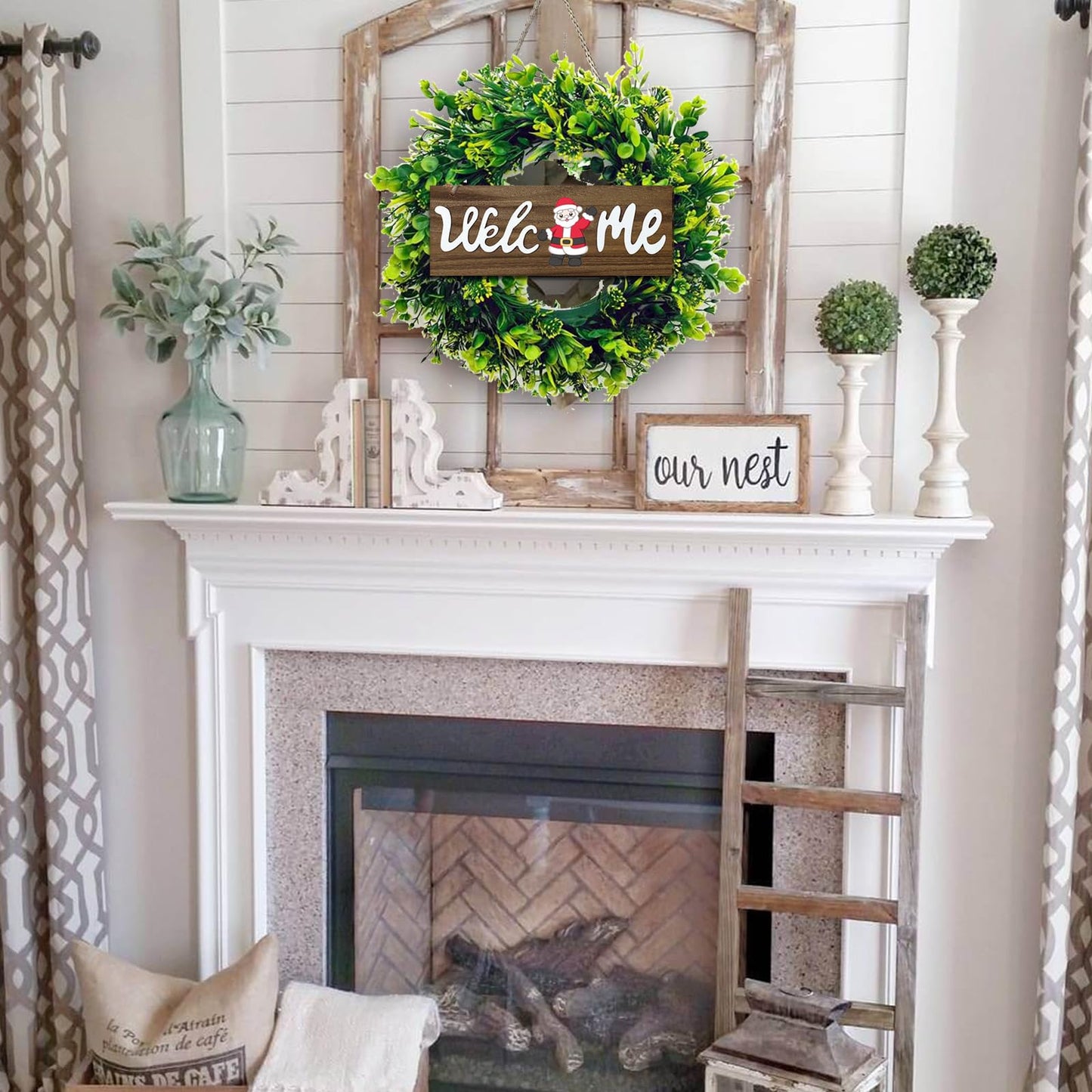 Artificial Boxwood Wreaths for Front Door, 16" Spring Summer Green Door Wreath with Welcome Sign for Holidays Wall Window Porch Farmhouse Decor Housewarming Gift