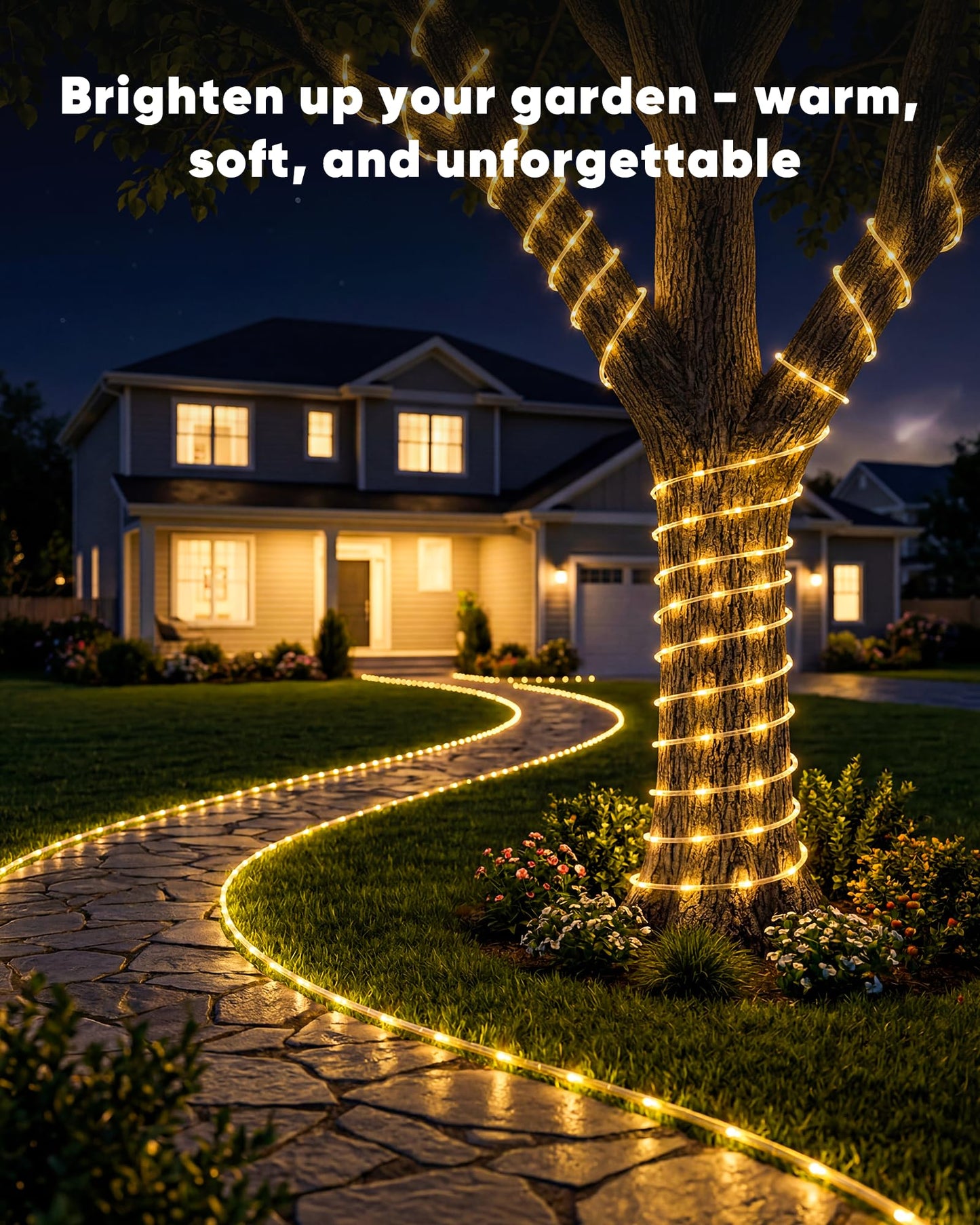 Brightown Solar Rope Lights, 39FT 100LED Outdoor Solar String Lights, IP65 Waterproof Solar Powered Fairy Lights with 8 Lighting Modes for Party Garden Patio Pool Backyard Tree Decoration, Warm White