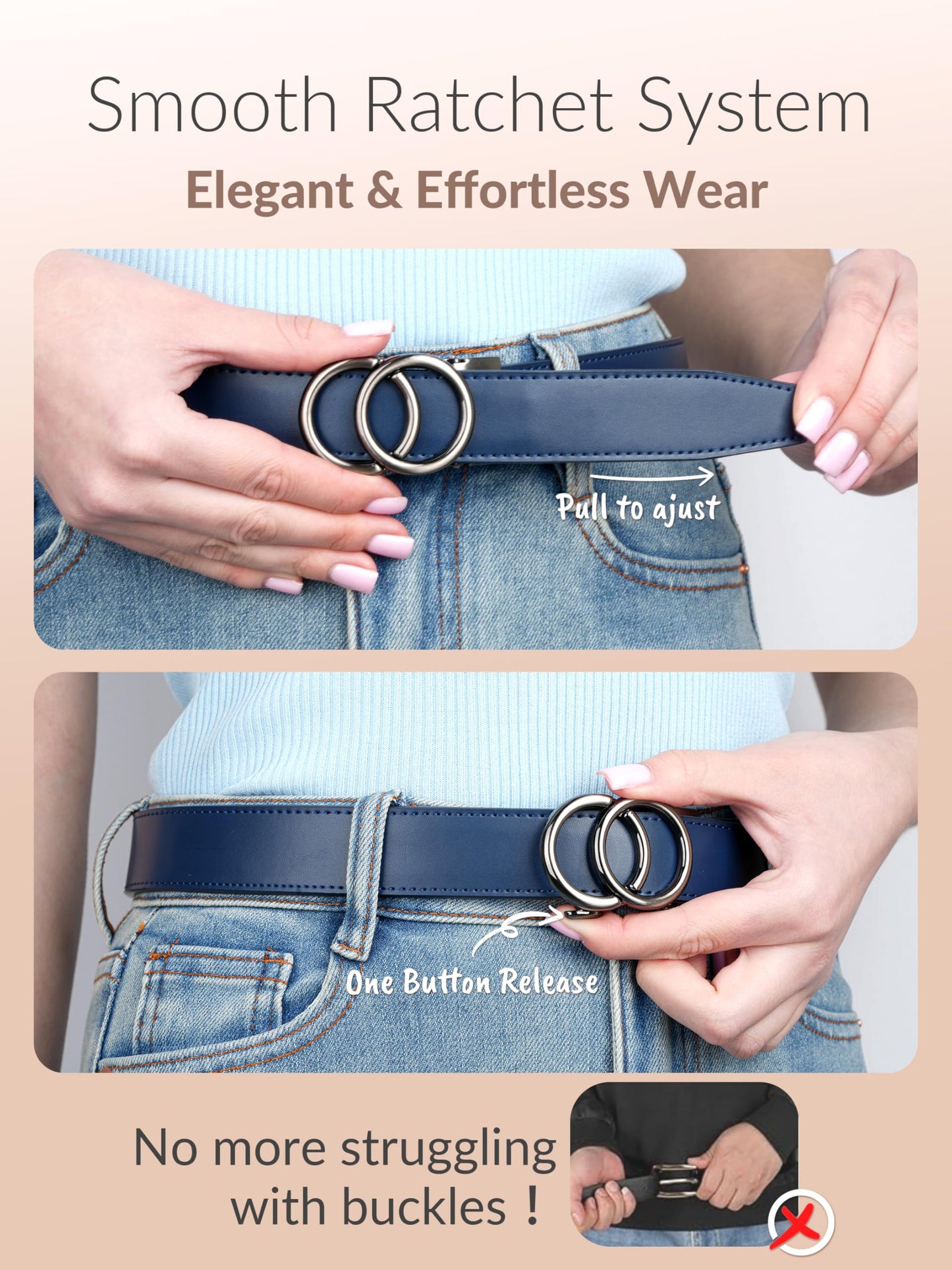 MILORDE Womens Ratchet Leather Dress Belt - 3cm/1.18“ width,Size Customizable Fit,Designs for Dress and Casual (W118-navy, 40" to 46" Waist Adjustable)
