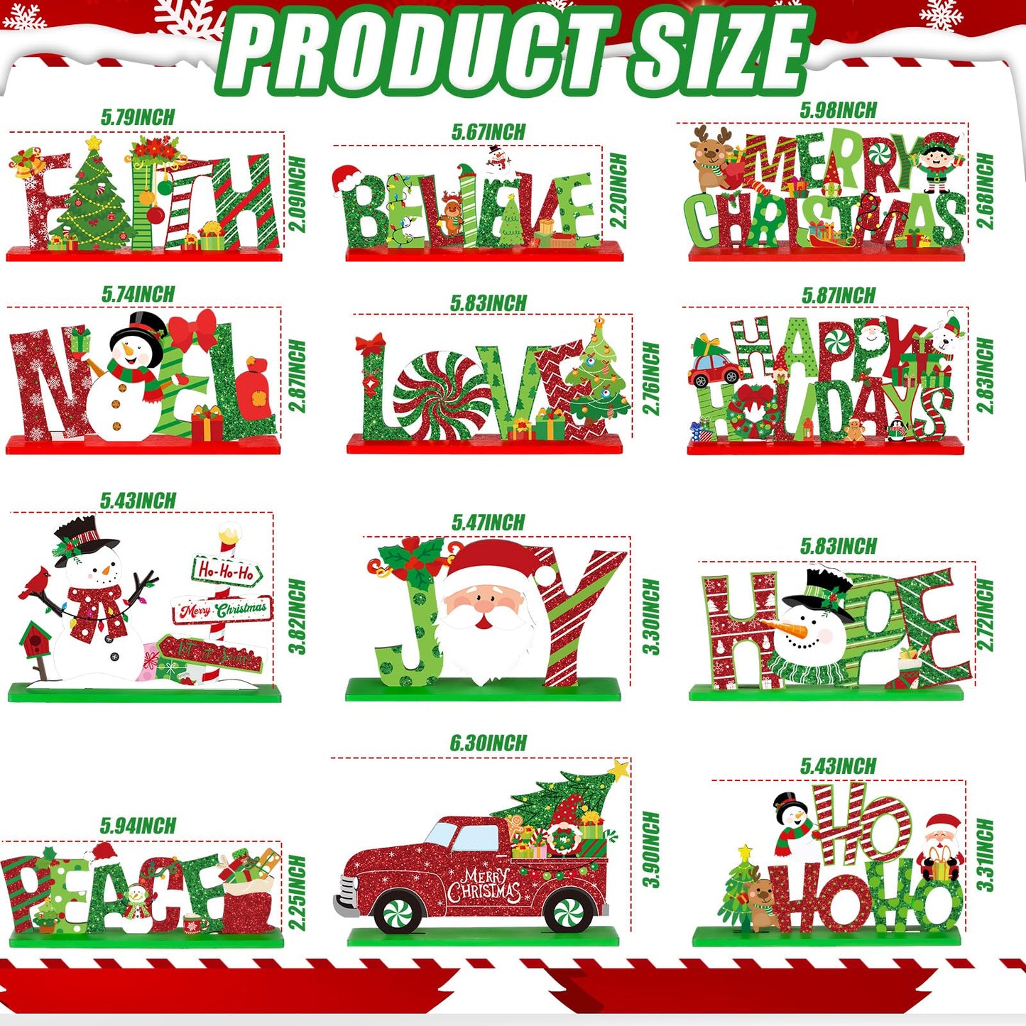Marsui 12 Pcs Christmas Wooden Table Decor Xmas Decorative Home Table Centerpiece Merry Christmas Wood Signs Lime Green and Red Hope Believe Joy Noel Peace Love Wooden Signs for Party Decoration