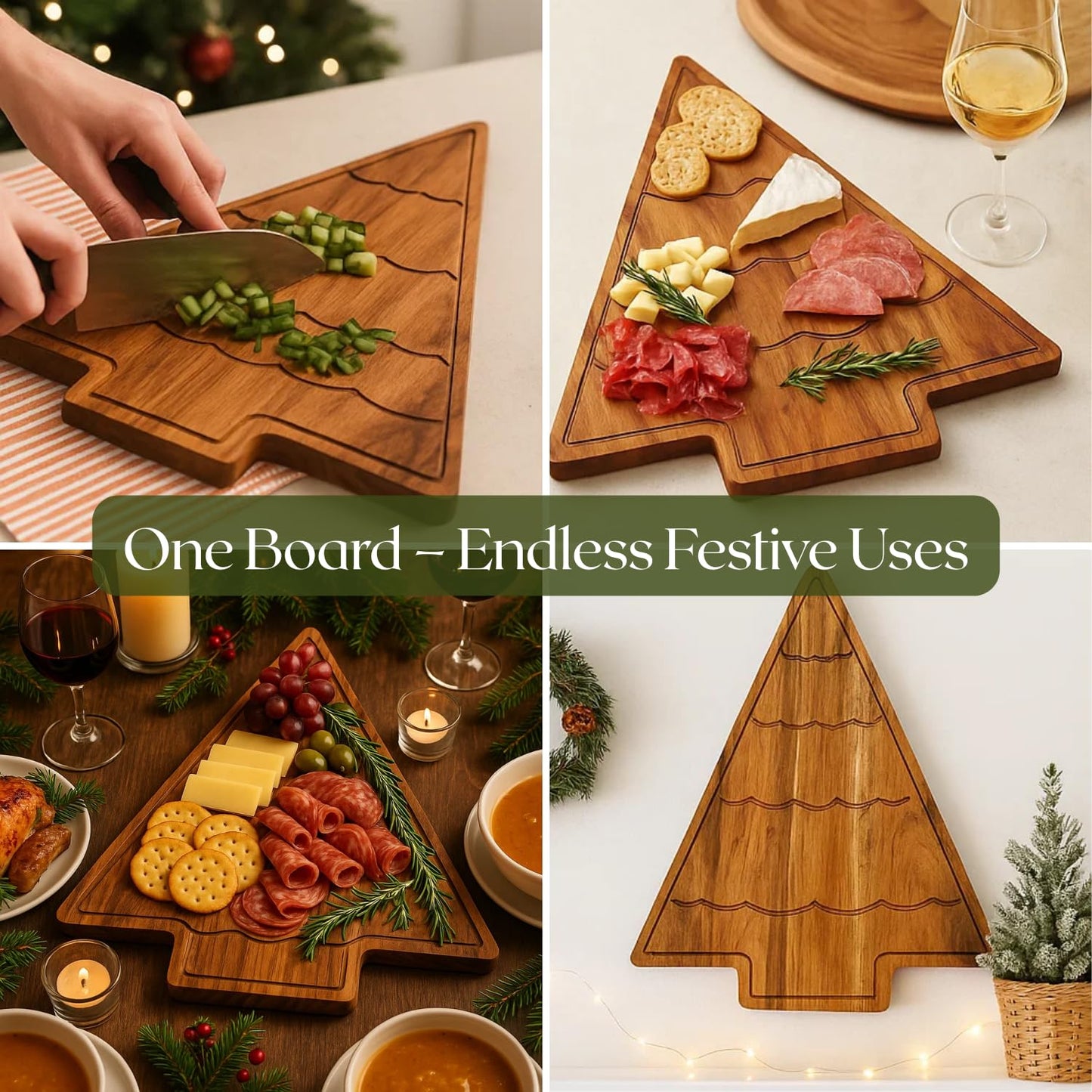 Aurah Acacia Wood Christmas Tree Cutting Board 13.5x11 Inch - Chopping Board with Handle, Xmas Cheese Appetizer Tray, Wooden Decorative Serving Platter for Kitchen & Holiday Party
