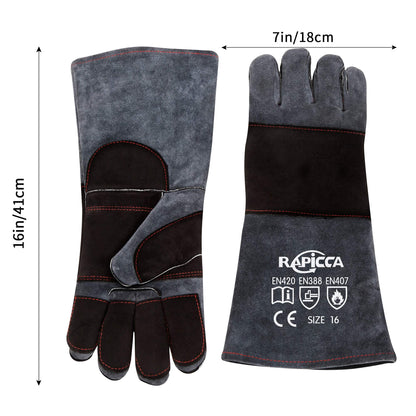 RAPICCA Animal Handling Gloves Bite Proof Double Leather Reinforced Padding Dog,Cat Scratch,Bird Handling Falconry Gloves Grabbing Reptile Squirrel Snake Bite 16in Grey-Black