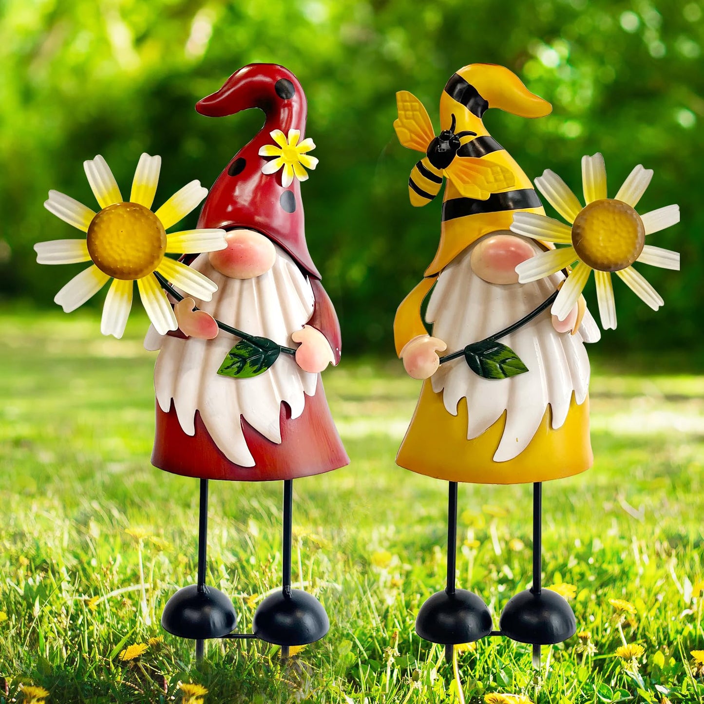 HONGLAND Gnomes Decorations for Yard - Metal Gnome Outdoor Decor Bee Ladybug Garden Statue- Christmas Decoration Thanksgiving Holiday Lawn Patio Yard Stakes (Set of 2)