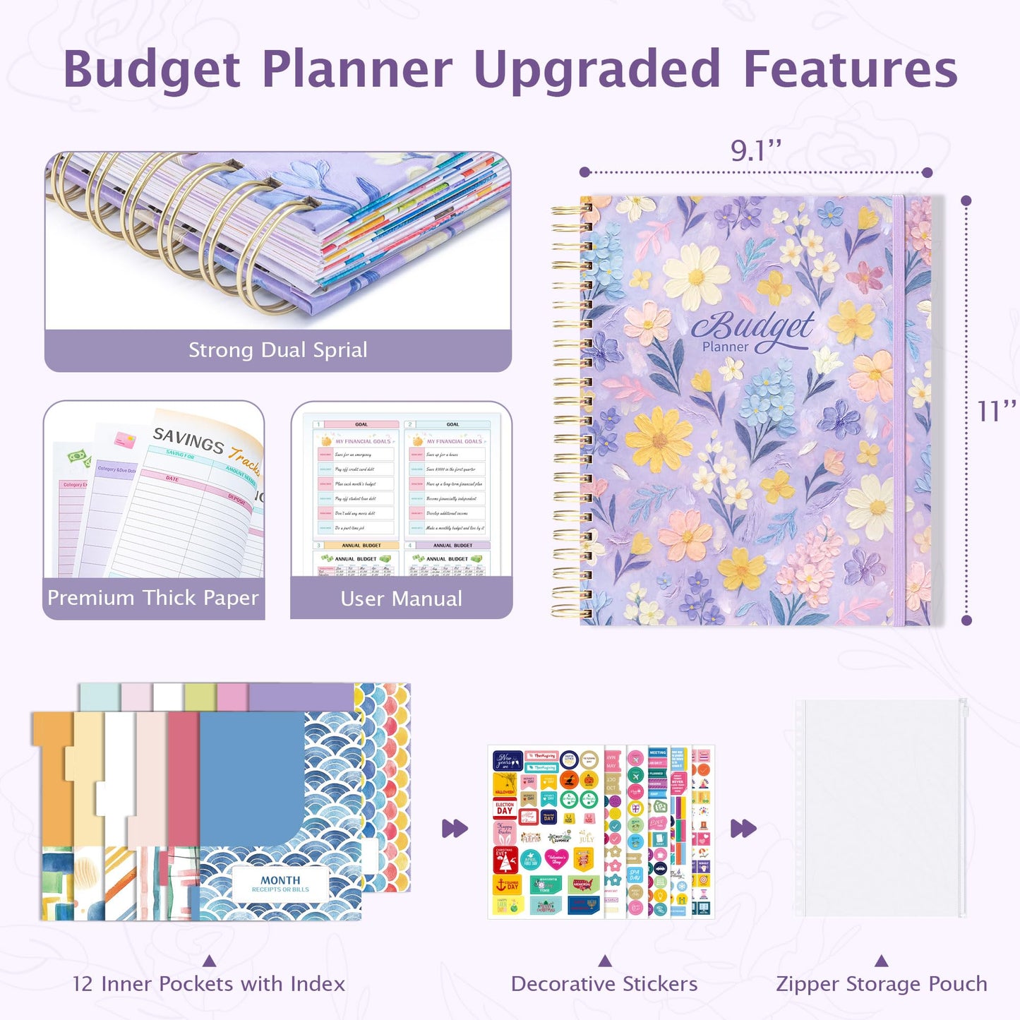 Ospelelf Budget Planner Undated, Money Expense Tracker with Pocket & Stickers, Thick Cardboard Cover, Large Pages for Spacious Writing, Original Fun Colorful Design, 12 Month Financial Notebook, Purple Floral