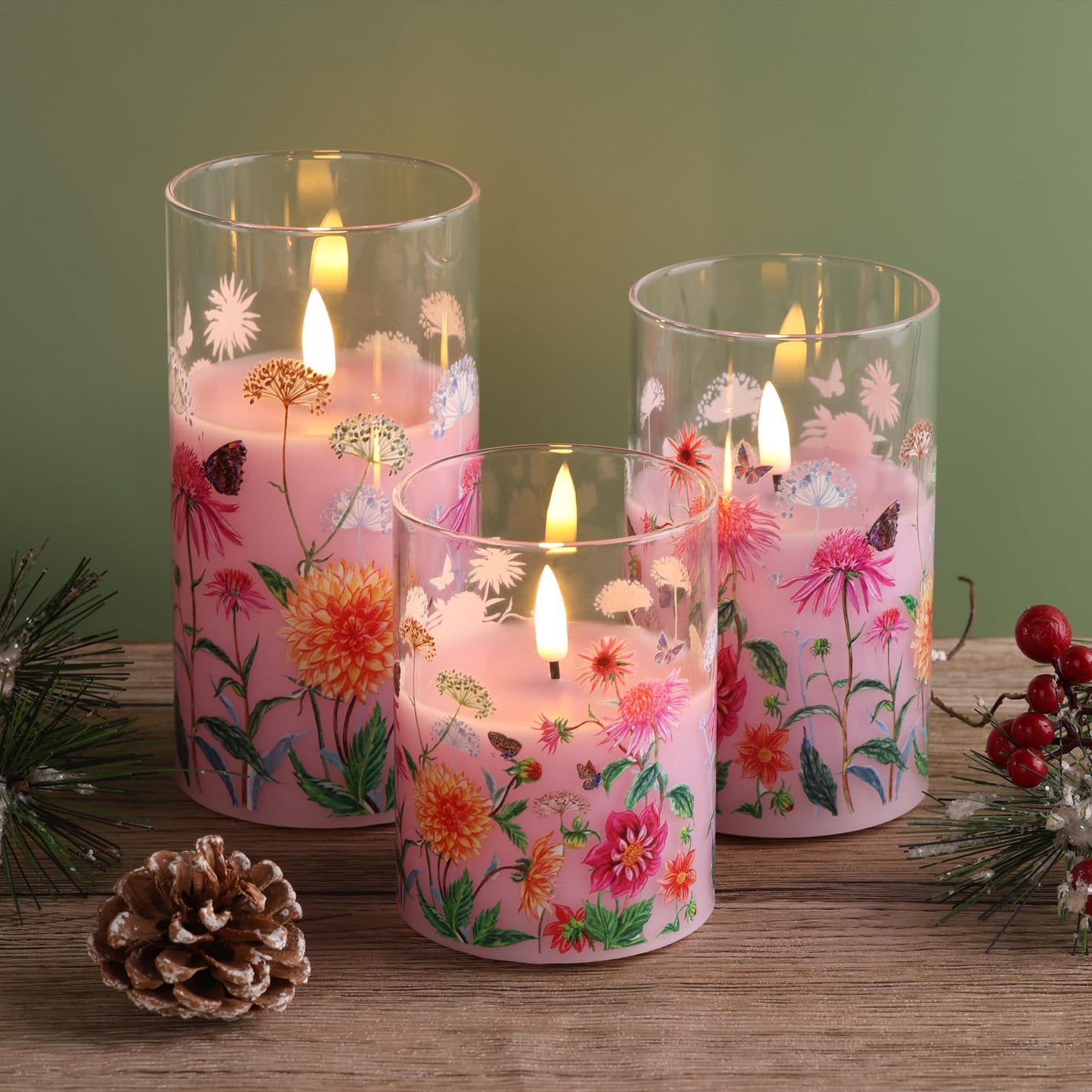Girimax Pink Floral Glass Flameless Pillar Candles with Remote, Flickering Spring LED Battery Candles Home Decor Set of 3
