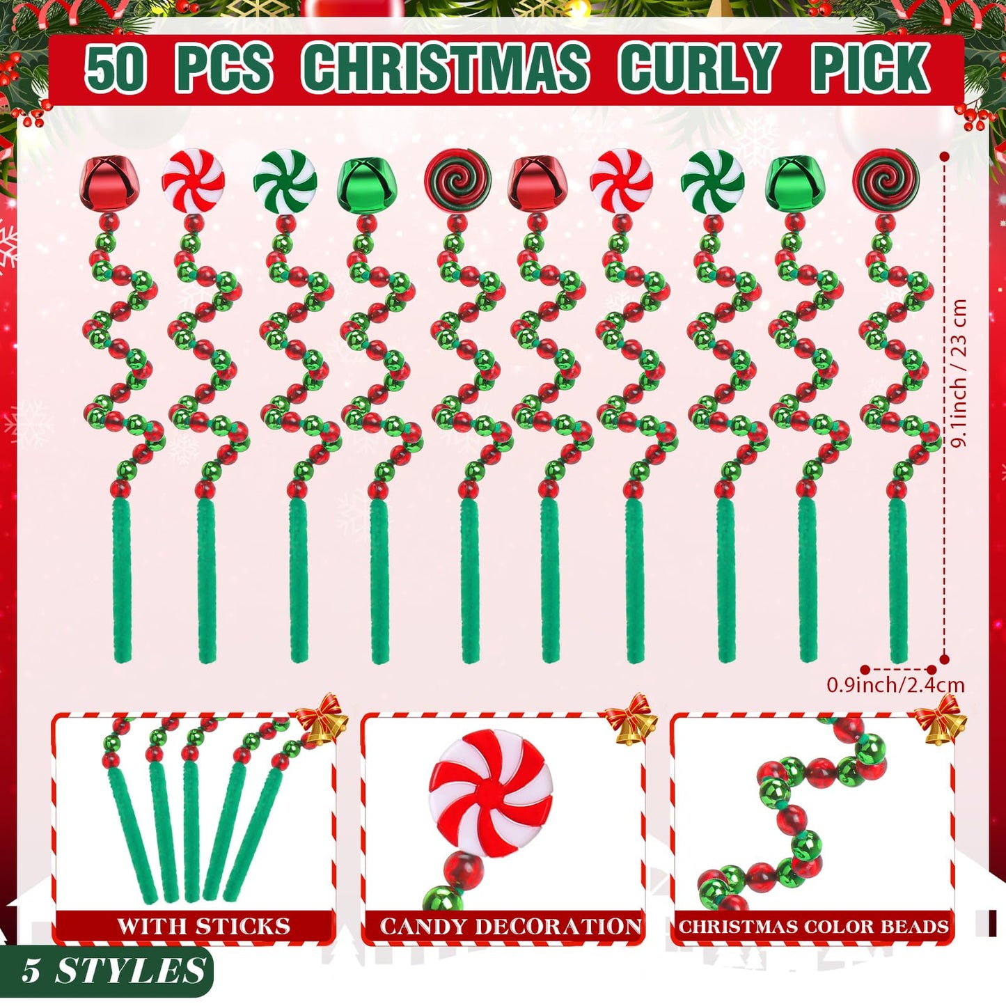 Tigeen 50 Pcs Christmas Candy Cane Pick White Green Red Christmas Tree Curly Pick Ornaments Xmas Candy Shape Tree Topper Decorations Home Office Crafts