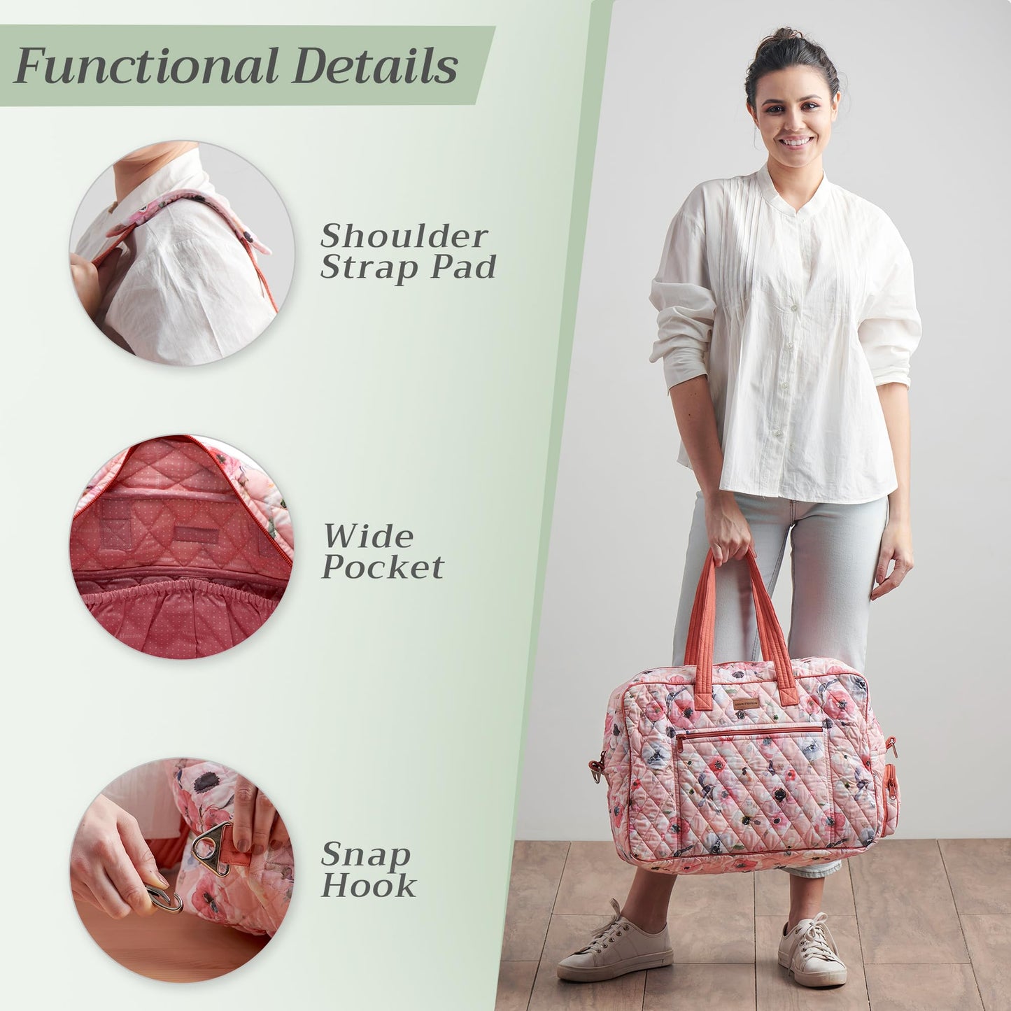 Maison d' Hermine Weekend Duffel Bags for Women Cotton Quilted Overnight Luggage Weekend Bag for Men Gym Sports Gifts Travel Business Travellers Trip Spring Summer (Romantic Poppy - Saumon)