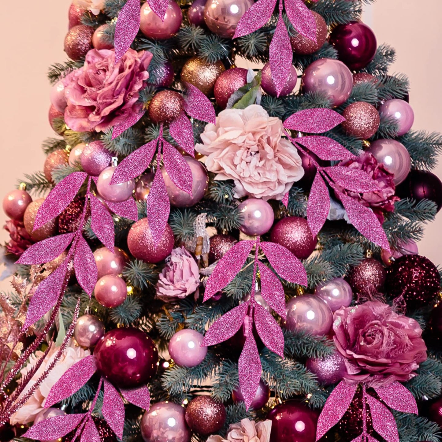 Winlyn 20 Pcs Pink Glitter Bay Leaf Sprays Artificial Christmas Tree Picks Sprays 12.7" Tall for Pink Christmas Tree Wreath Swag Floral Arrangement Winter Wedding Bouquet Centerpiece Decoration