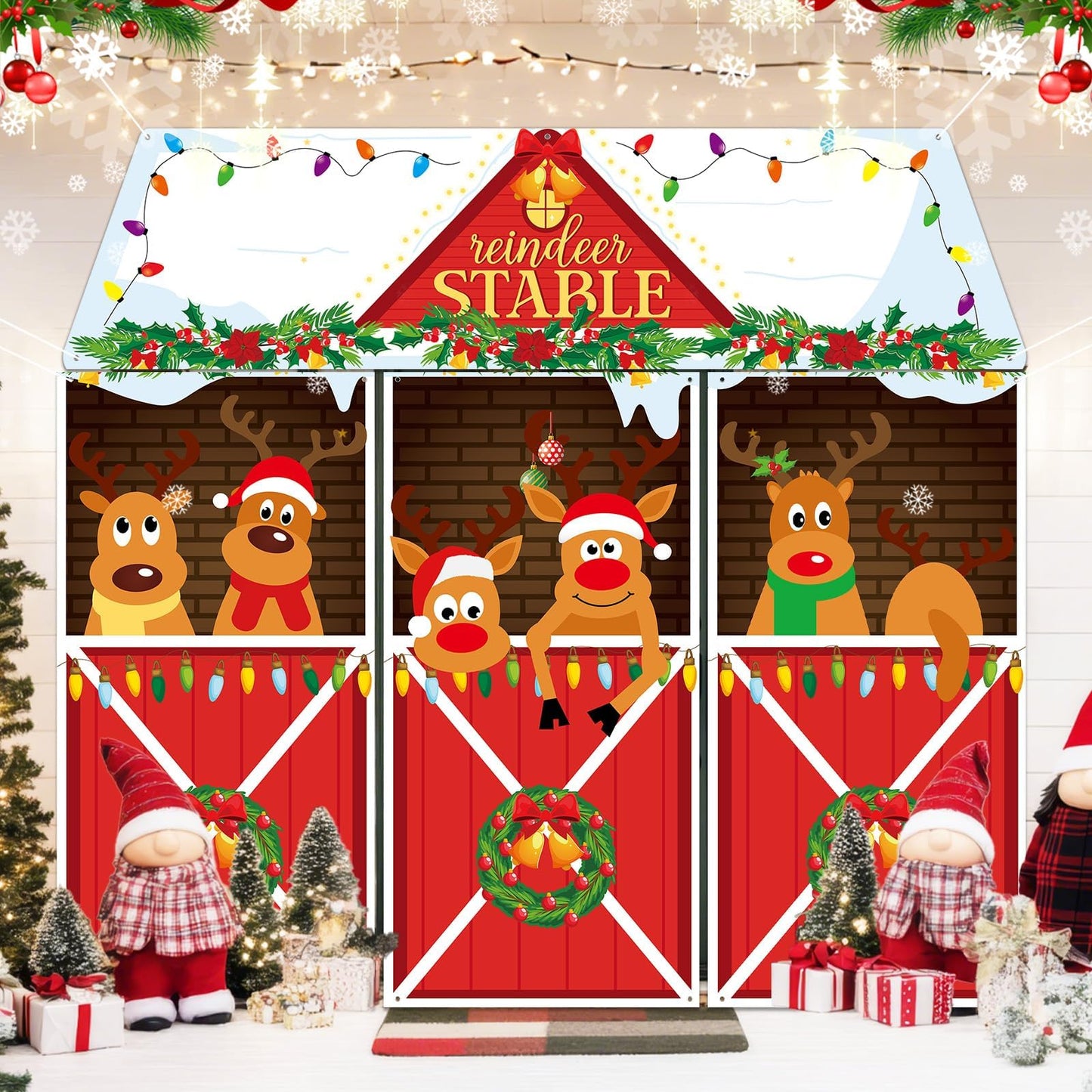 4 Pcs Christmas Deer Door Decorations Xmas Reindeer Stable Door Covers Backdrop Christmas Elk Snowflakes Hanging Banner Porch Sign for Holiday Wall Window Classroom Office Home Party Decor