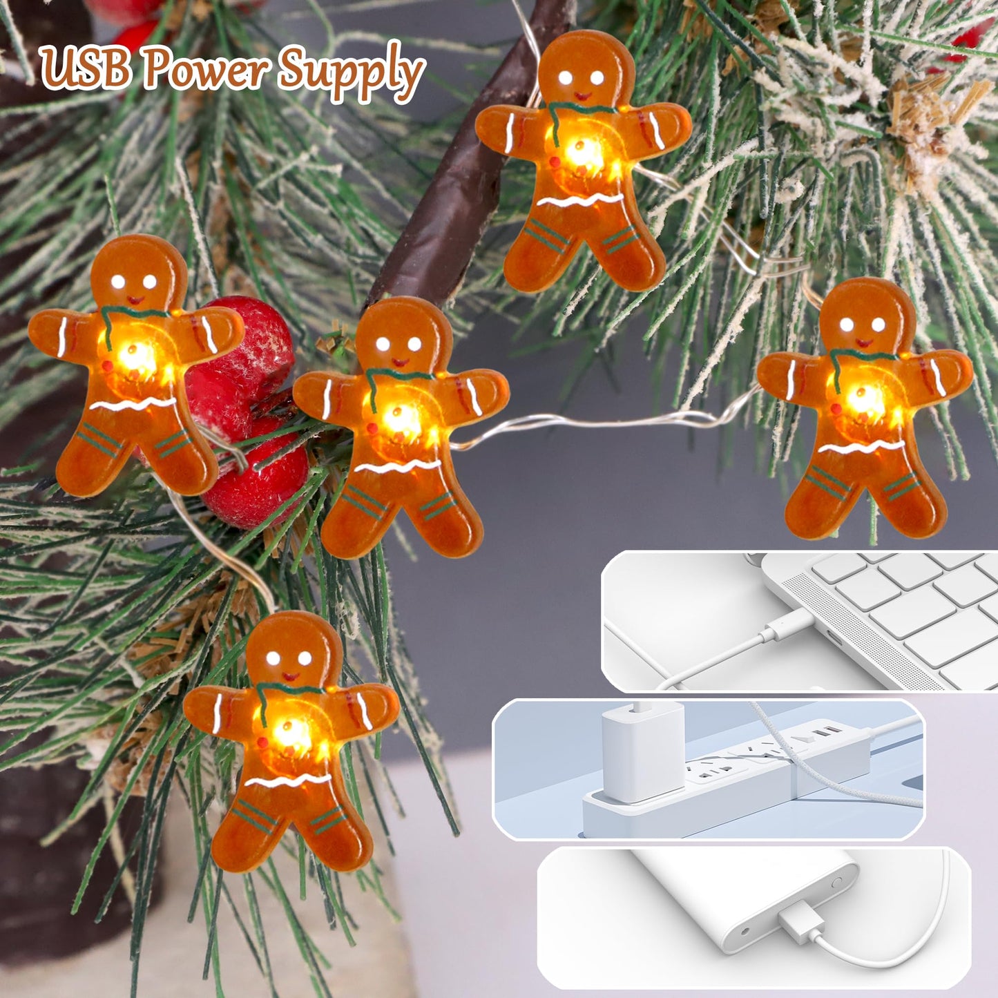 Impress Life Festive Decoration String Lights, Gingerbread Man Cookies 10 ft 40 LEDs with Battery/USB Powered Dimmable Fairy Lights with Remote for House Bedroom Decorative, Wedding Home