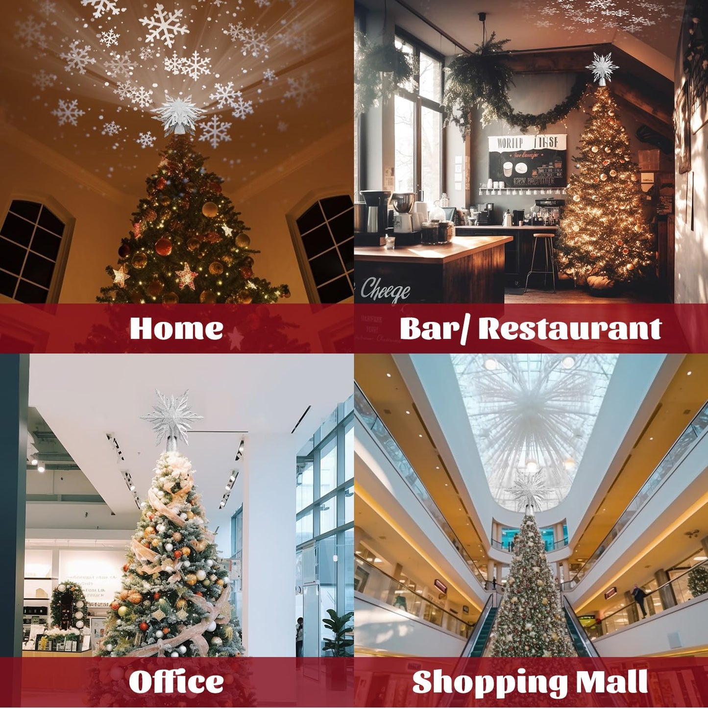 Christmas Star Tree Topper Lighted with Led Snowflake Projection, Christmas Tree Topper Star with Built-in LED Rotating 3D Projector Lights, Christmas Decoration for Family Office Indoor (Silver)