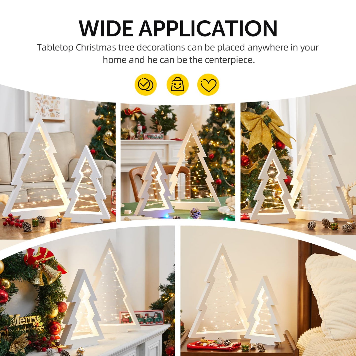Neoflavie 2 Pcs Wood Christmas Tree with Lights-Modern Farmhouse Lighted Tabletop Christmas Tree Decor for Christmas Holiday Decorations Home Party Table Fireplace Mantle Shelf Decor(White)