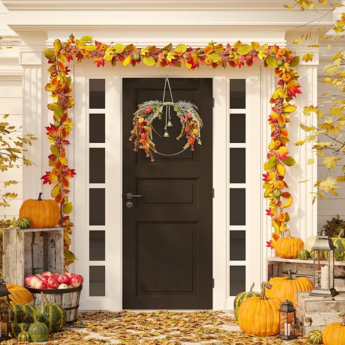 Fall Leaves Wreaths for Front Door Outside Fall Wreath with Colorful Mixed Leaves, Autumn Eucalyptus Artificial Wreath for Thanksgiving Front Door Window Home Wall Farmhouse Outdoor Indoor Décor
